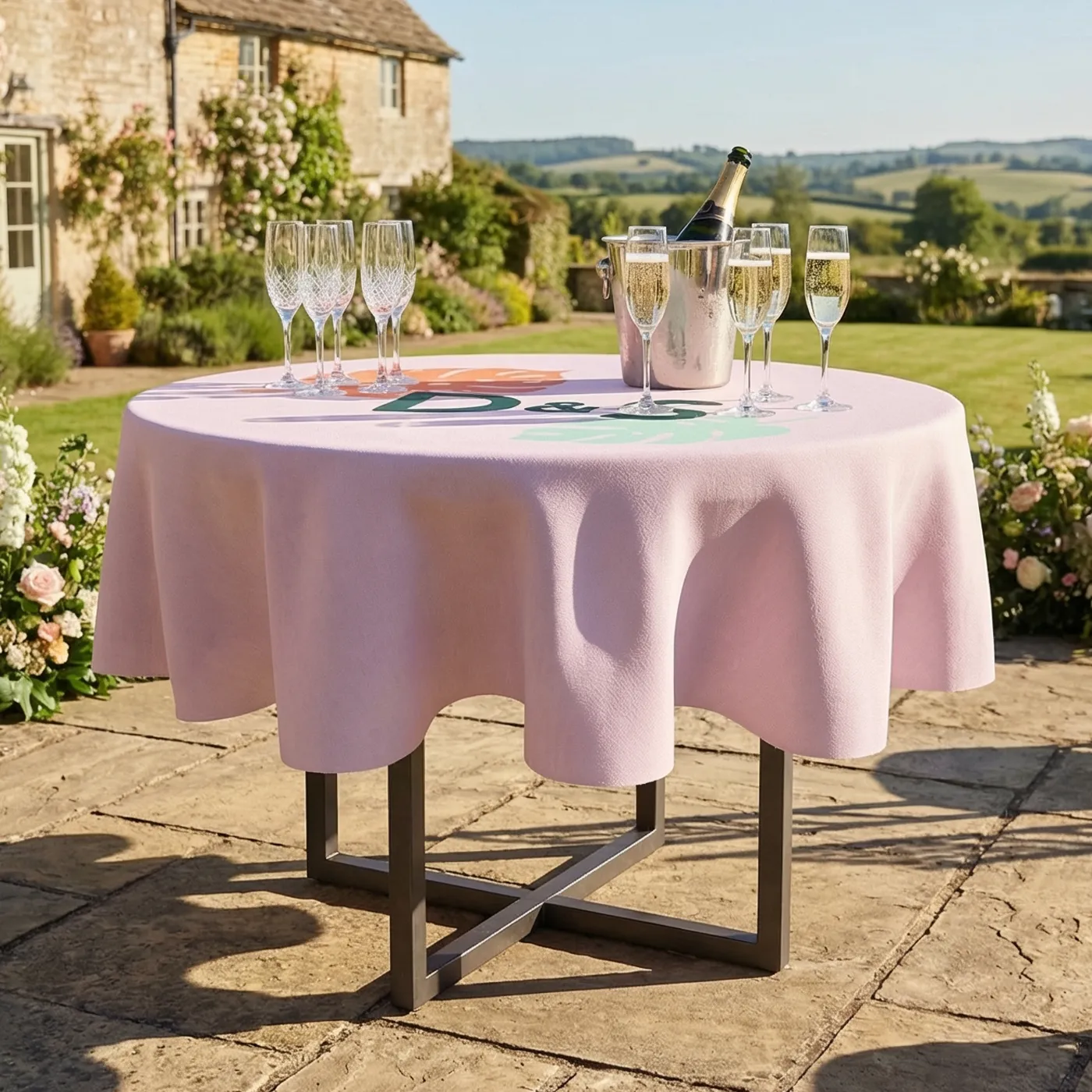 Circular tablecloth on an outdoor wedding drinks table in a garden setting.
