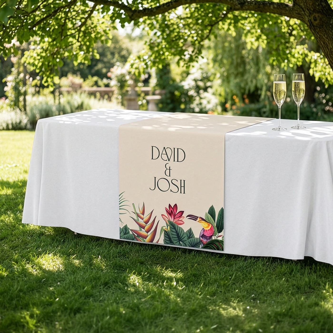 Outdoor wedding table featuring a personalised table runner for David & Josh.