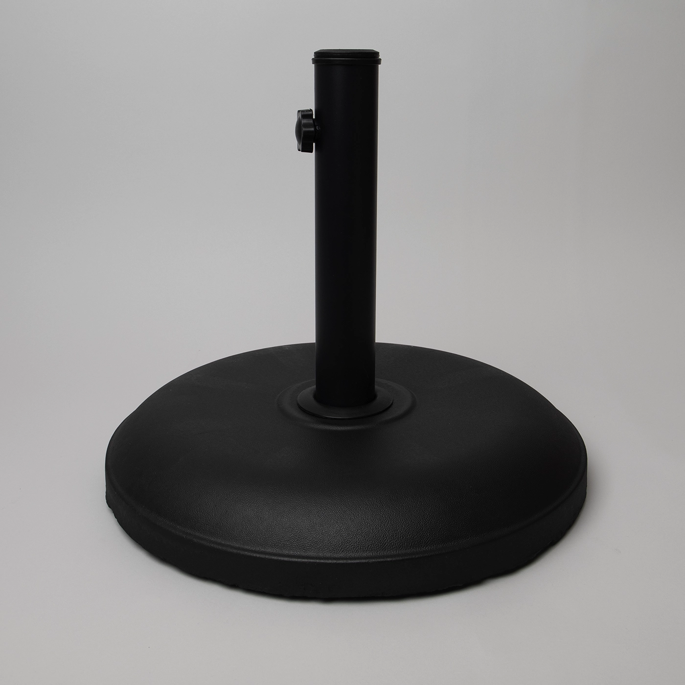 Black parasol base with a round weighted design and central pole holder.