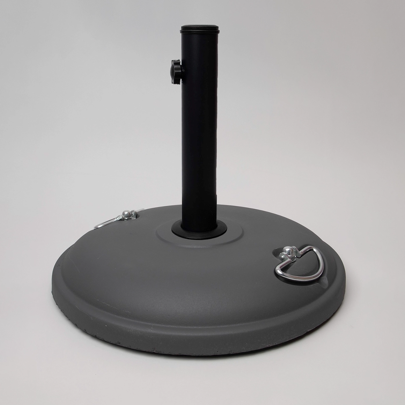 Weighted grey parasol base with central pole holder and side handles.