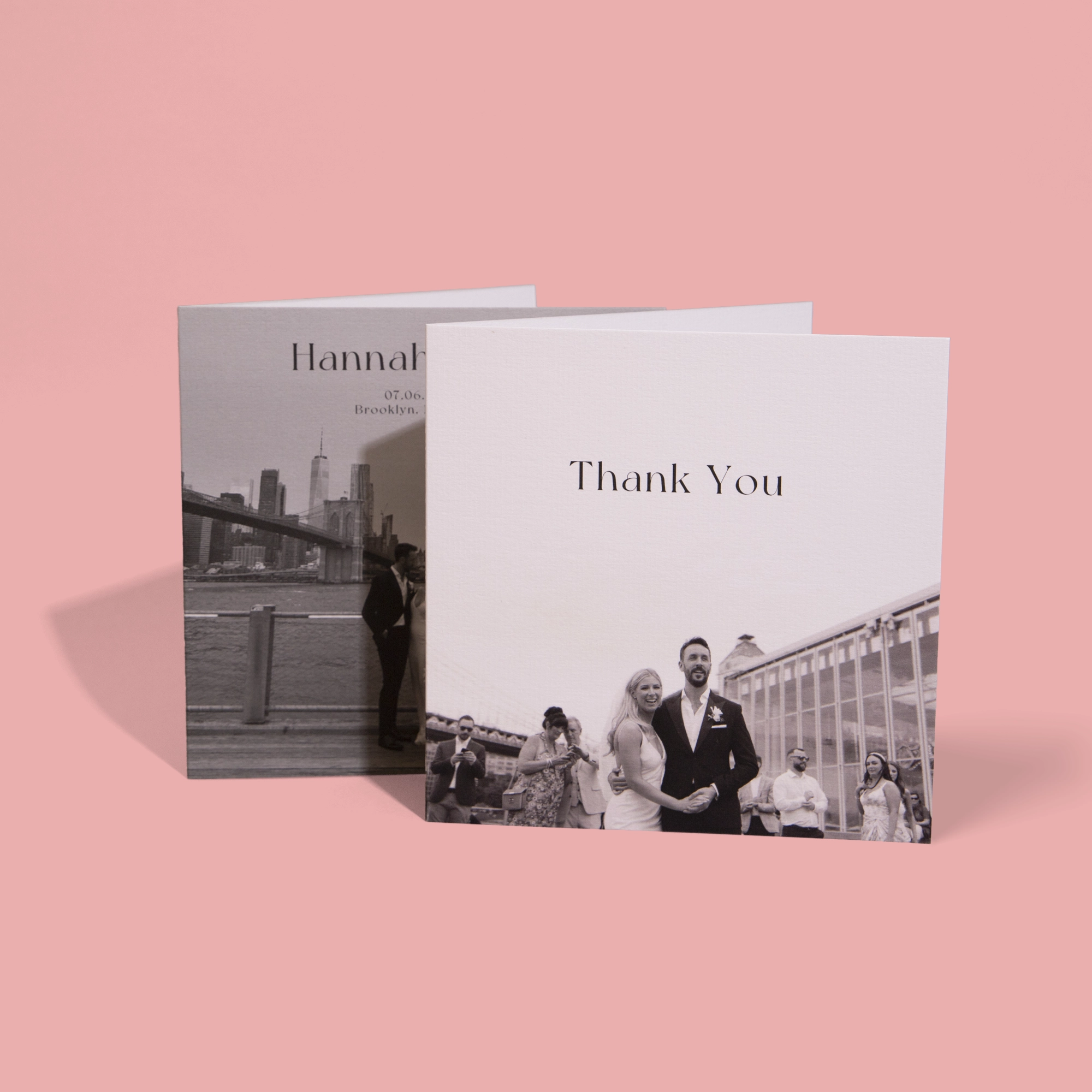 Two square, half fold Wedding Thank You Cards featuring black-and-white photos of a couple in a wedding setting