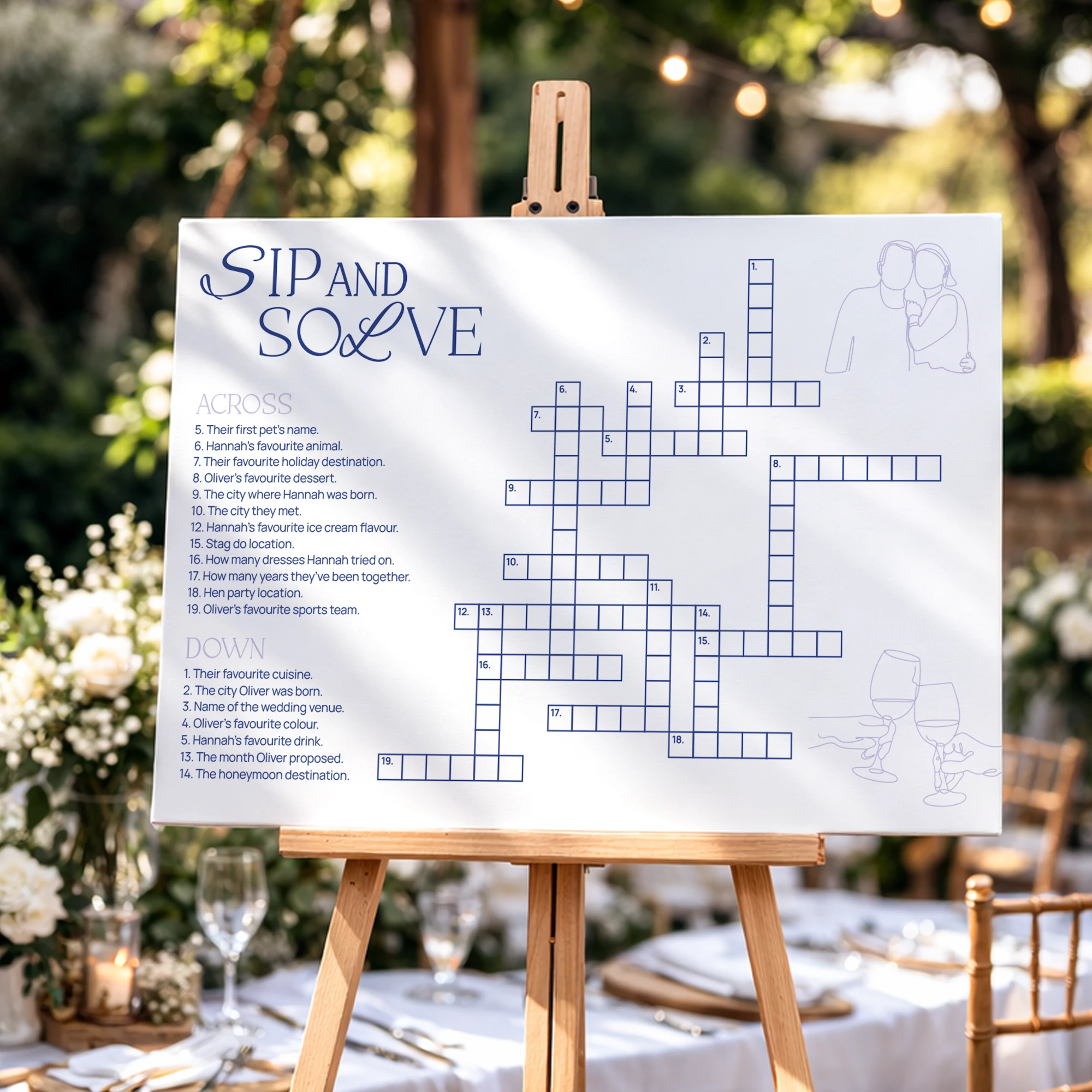 A large, white "SIP AND SOLVE" wedding crossword puzzle sign displayed on a wooden easel, featuring trivia questions about the couple and minimalist line drawings of people and wine glasses.