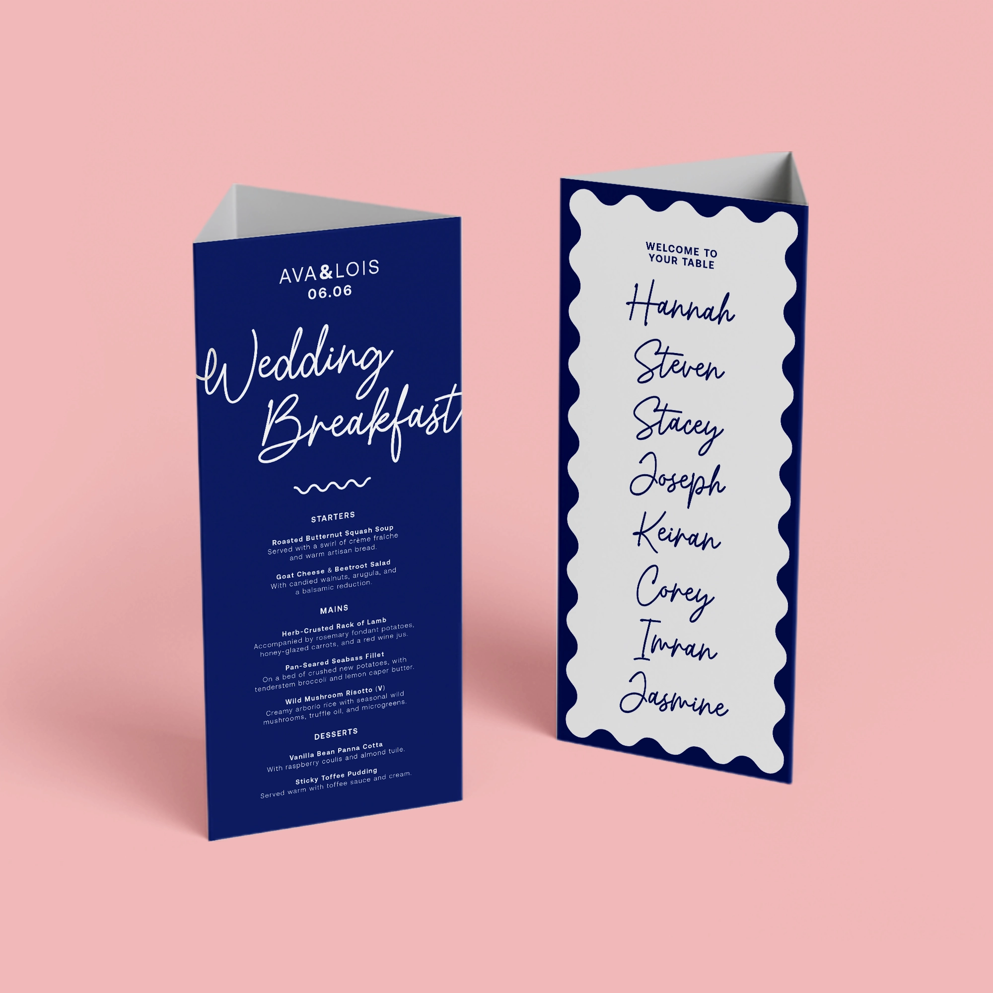A navy blue, Wedding Table Talker featuring a "Wedding Breakfast" menu on one panel and a list of guest names inside a white wavy-edged border on another.