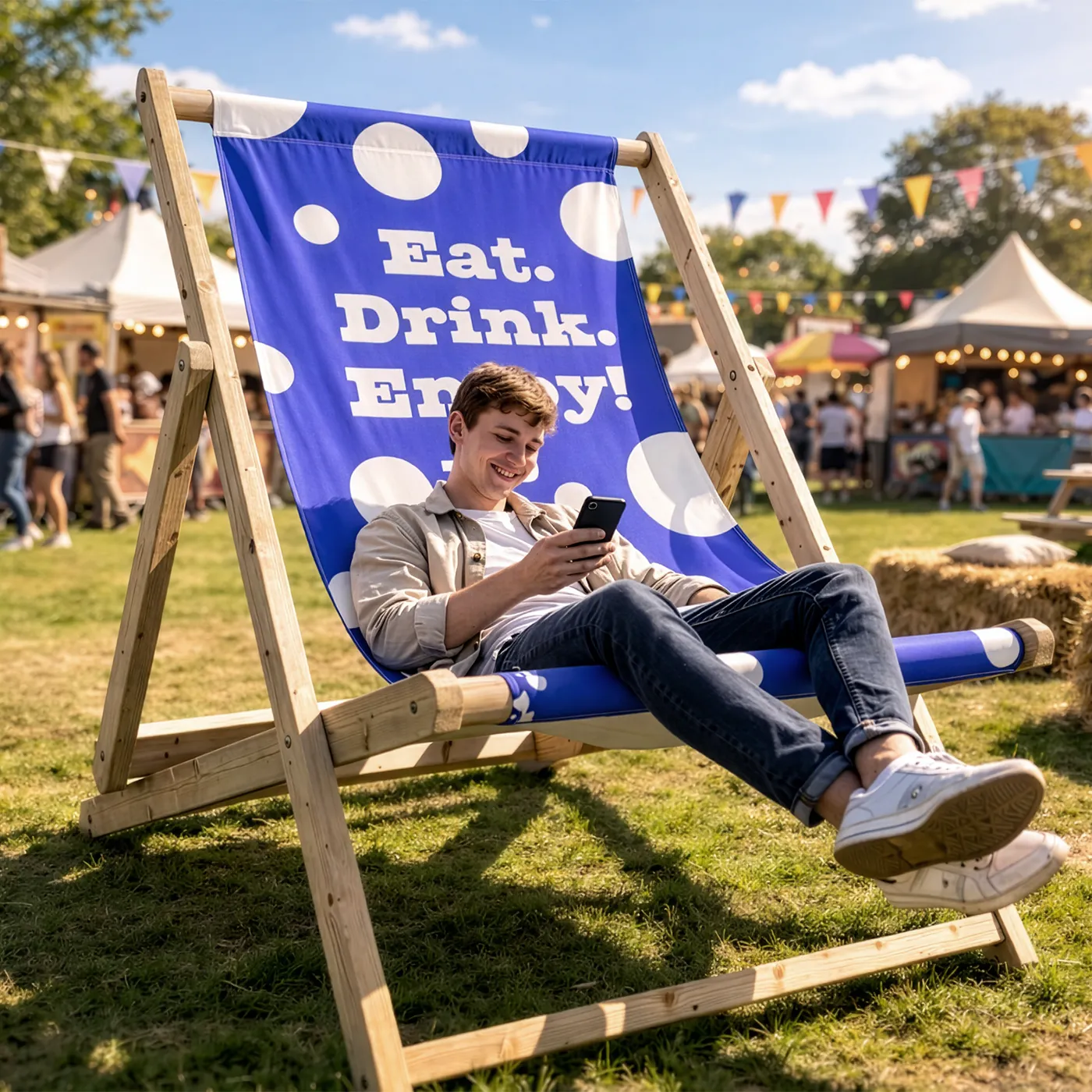 A person relaxing in a giant deck chair at a sunny outdoor event with stalls and bunting in the background.