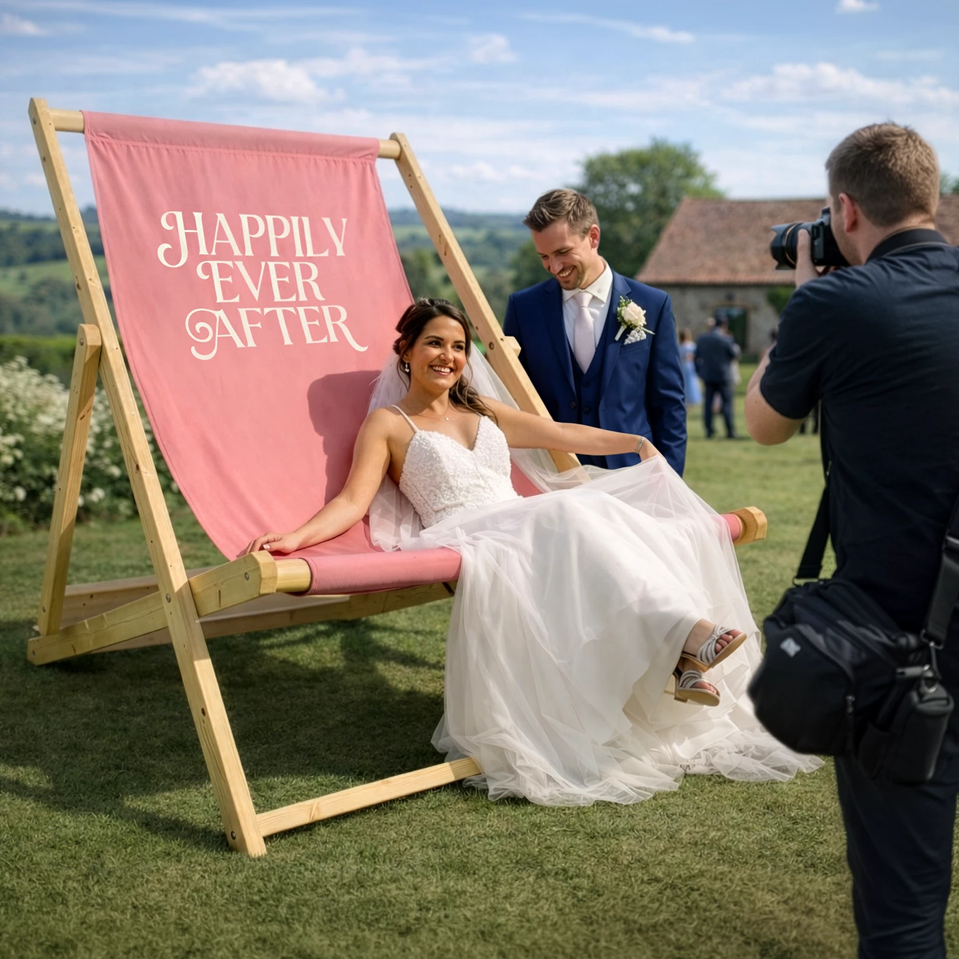 A bride and groom posing beside a giant pink deck chair in a sunny outdoor setting.