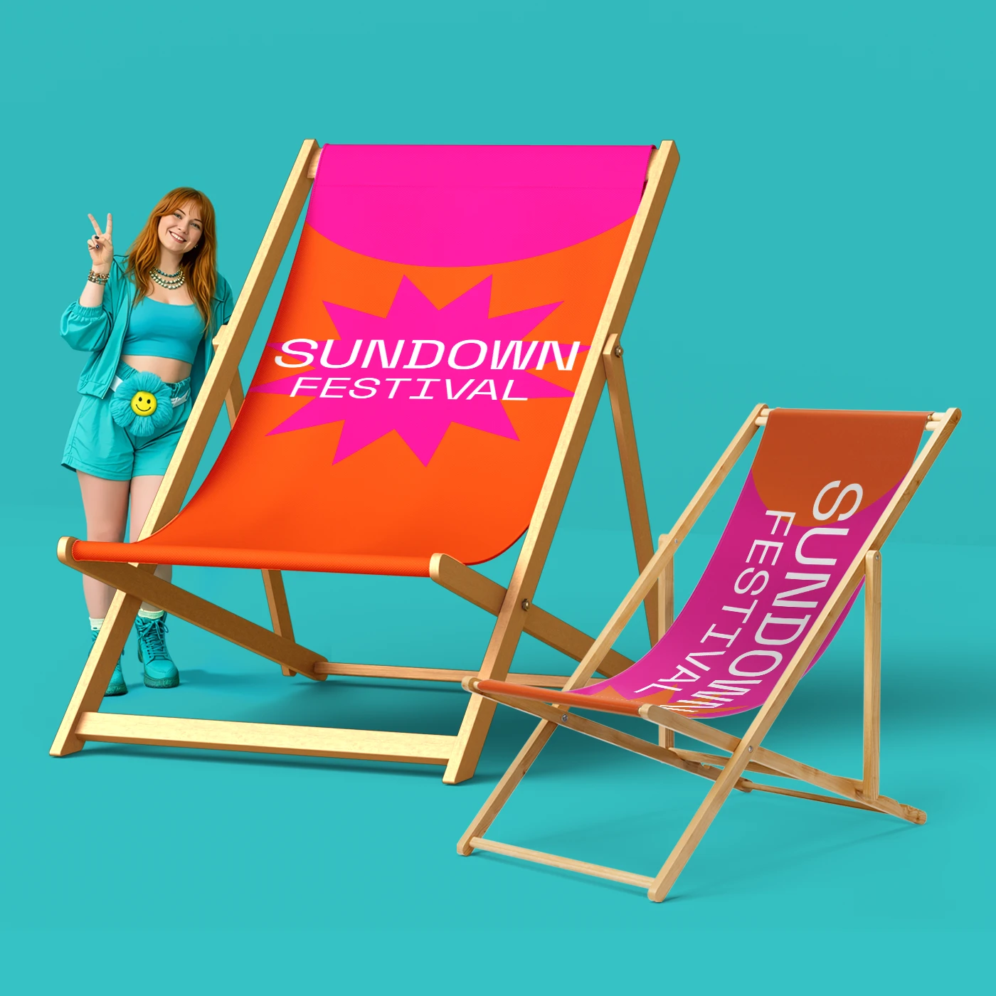 A woman in a bright teal outfit stands next to two wooden deckchairs of varying sizes, both featuring vibrant orange and pink "Sundown Festival" branding against a solid teal background.