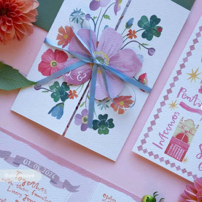 Floral wedding invitation suite with a gatefold opening, secured by a light blue ribbon and a purple flower cutout.
