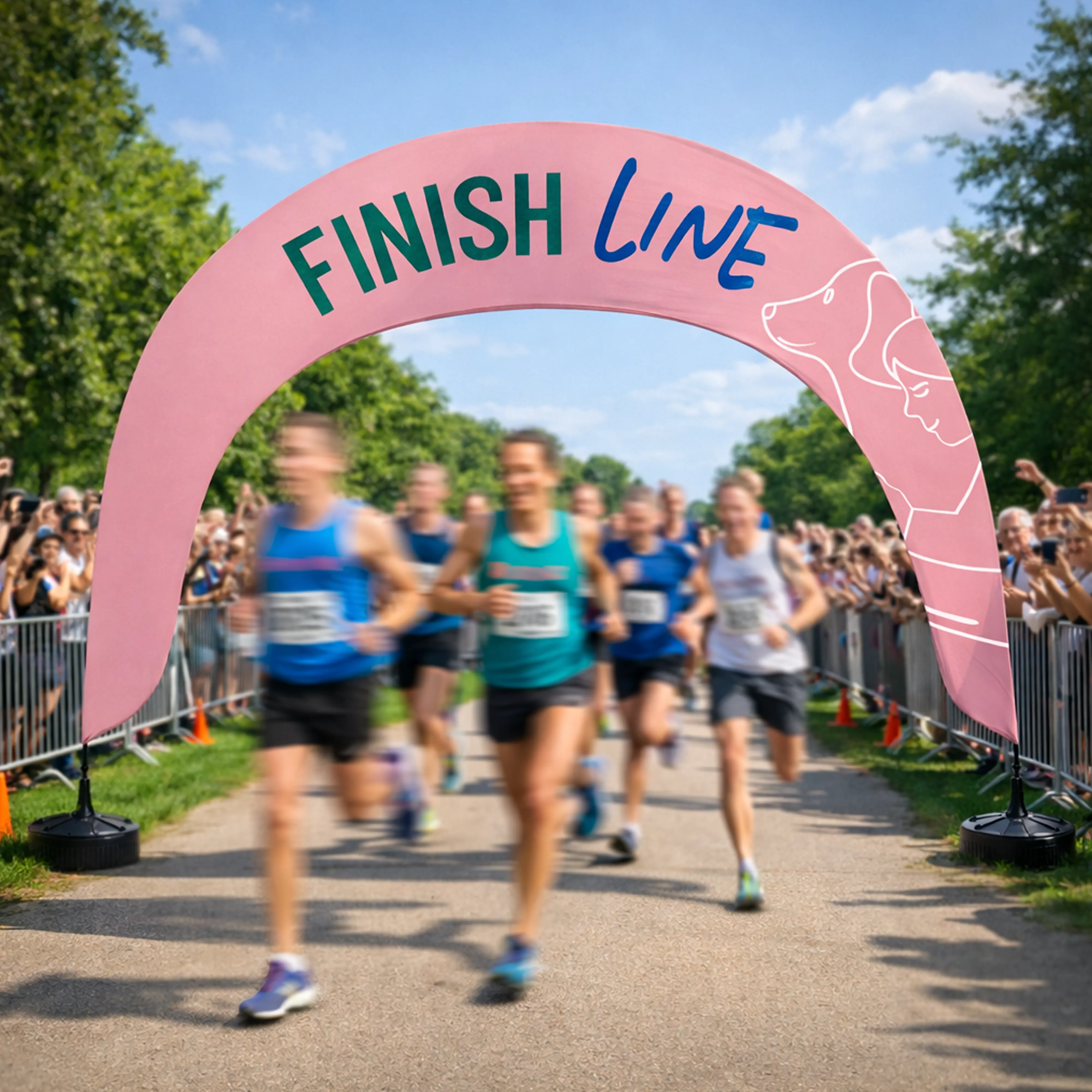 Arch flag marking a race finish line, shown outdoors with runners and spectators.