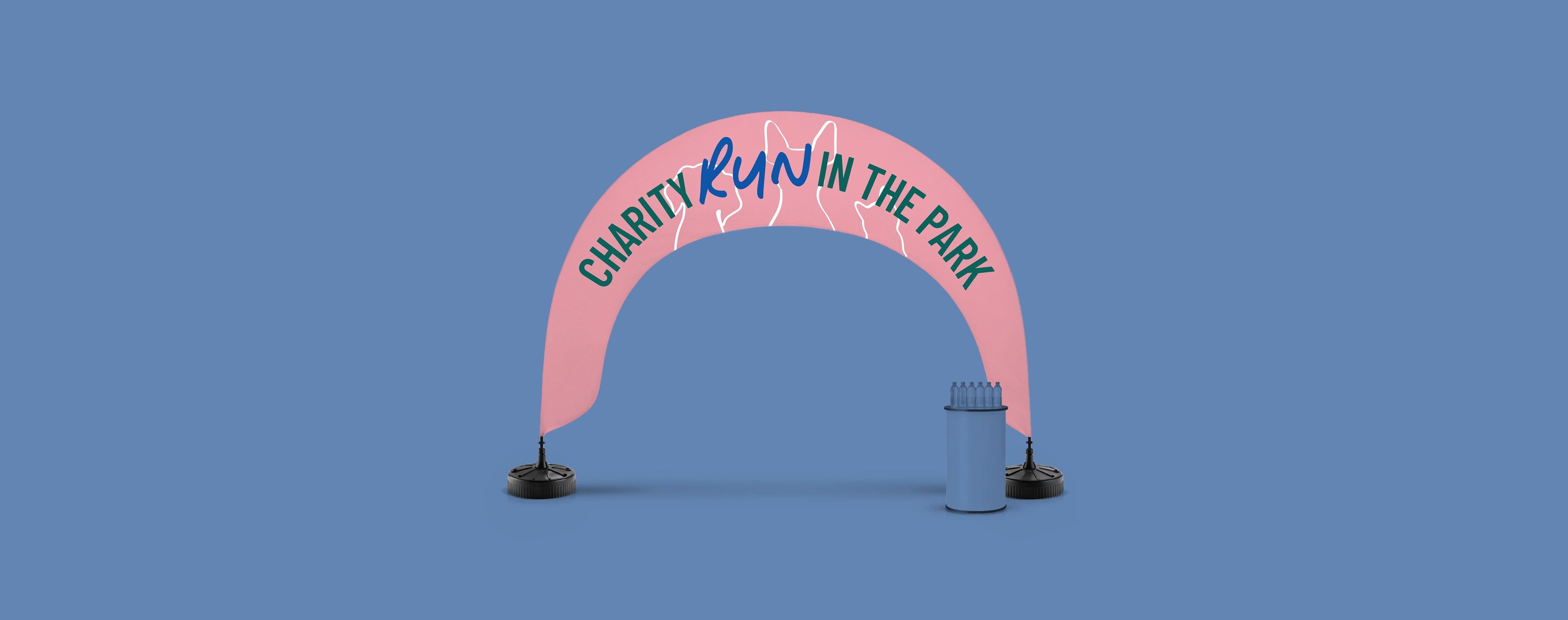 Outdoor arch flag on a blue backdrop for a charity‑themed event.