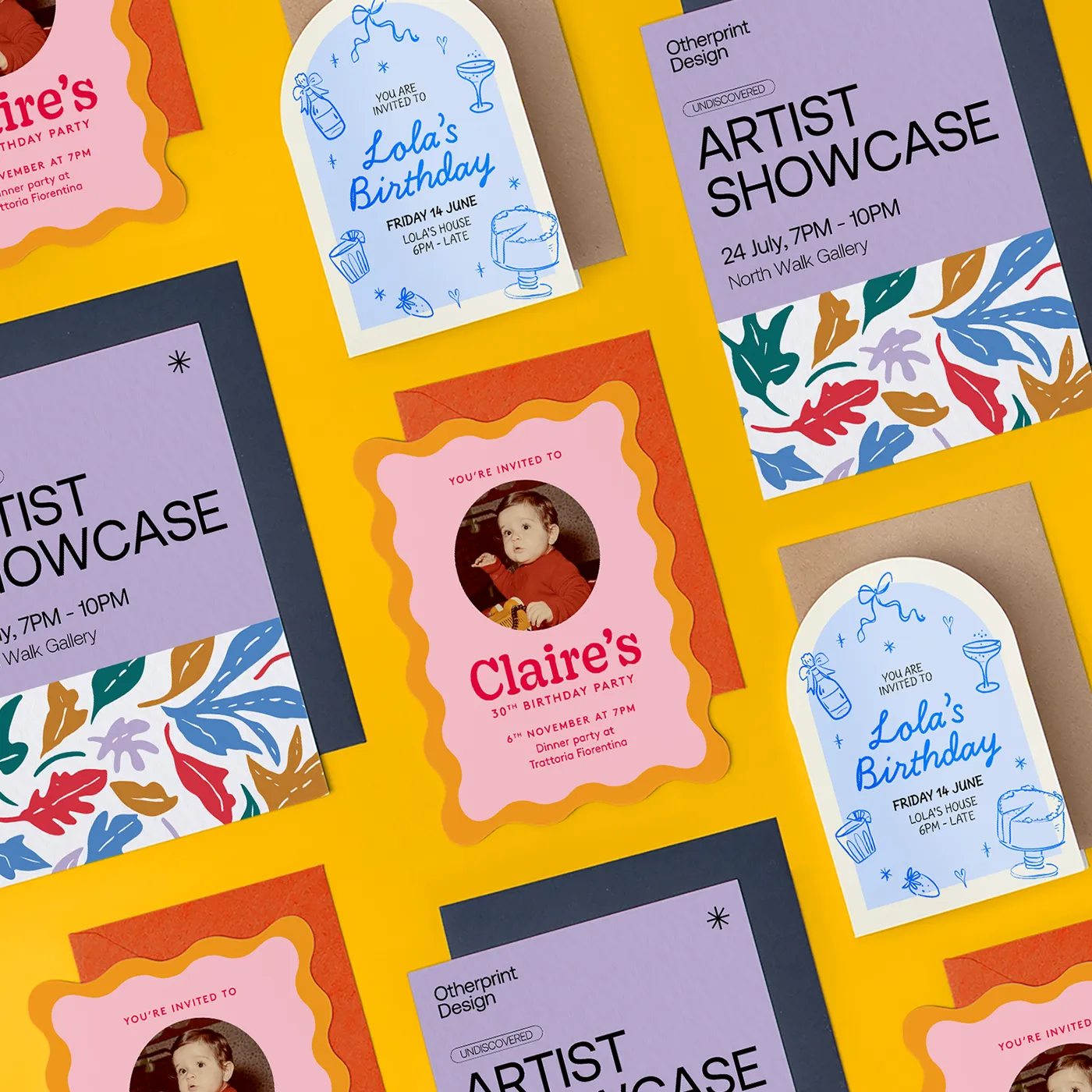 A collection of flat invitations arranged on a yellow surface, featuring birthday and event themes