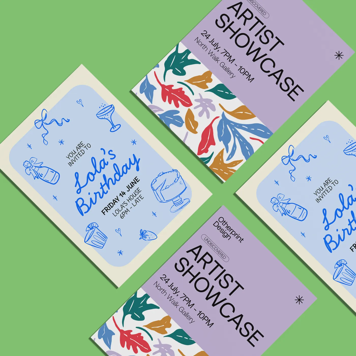 A set of flat invitations arranged on a green surface, showing a mix of birthday and event designs