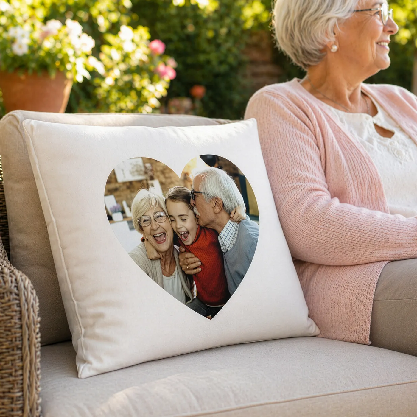 A Personalised Photo Cushion featuring a heart-shaped photo of a family, displayed on furniture.