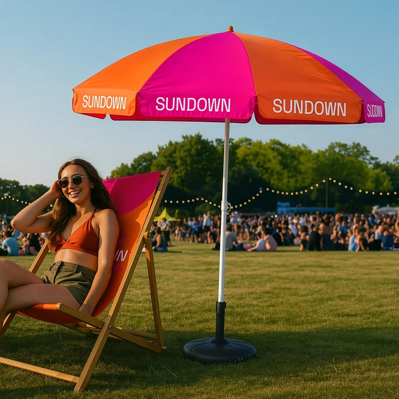 A Promotional Parasol and Deck Chair set for "Sundown" featuring a vibrant pink and orange panel design, with a person relaxing in the chair at an outdoor festival.