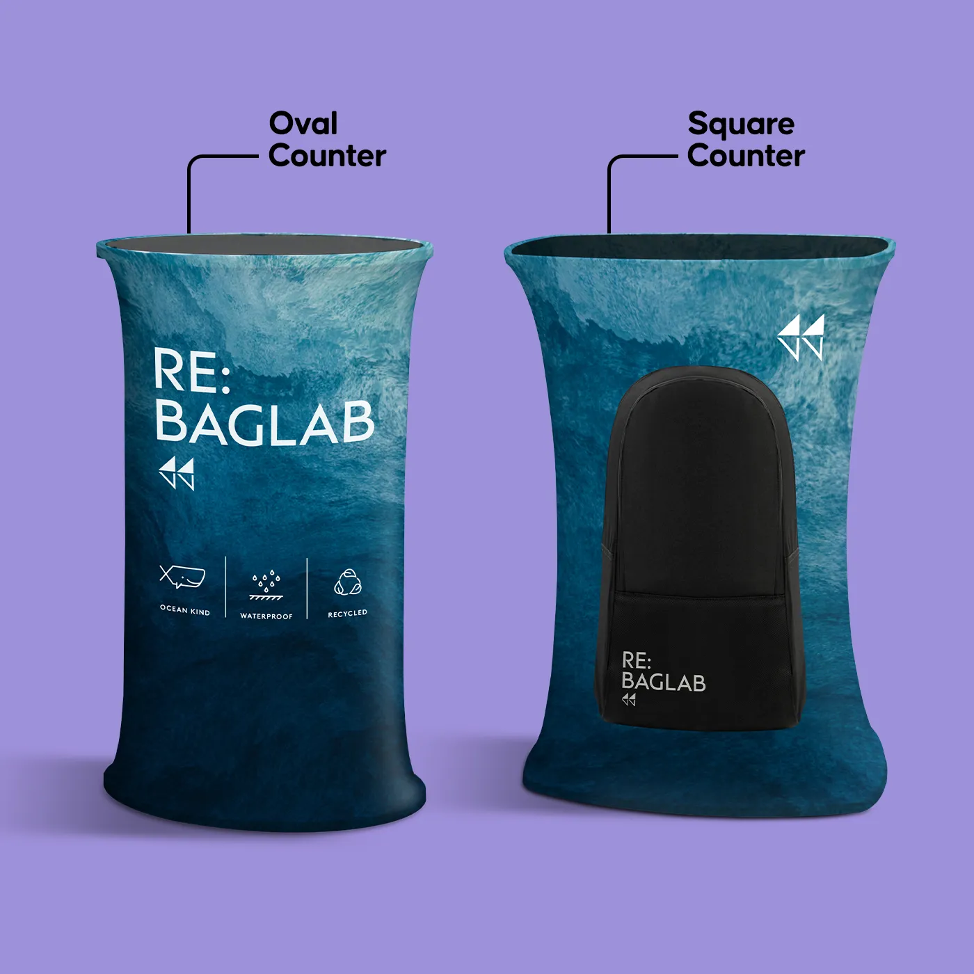 An Oval and Square Pop Up Counter set for "RE: BAGLAB" featuring a blue textured design and sustainability icons.