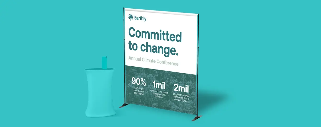 A Telescopic Tension Banner for the Earthly Annual Climate Conference reading "Committed to change" above environmental statistics and a forest image.