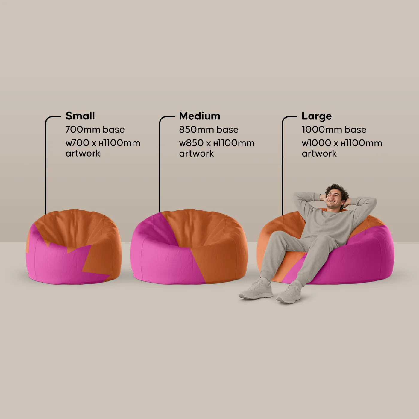 An image comparing three sizes of printed Bean Bags - Small, Medium, and Large - shown with a person sitting in the largest size to demonstrate scale and comfort.