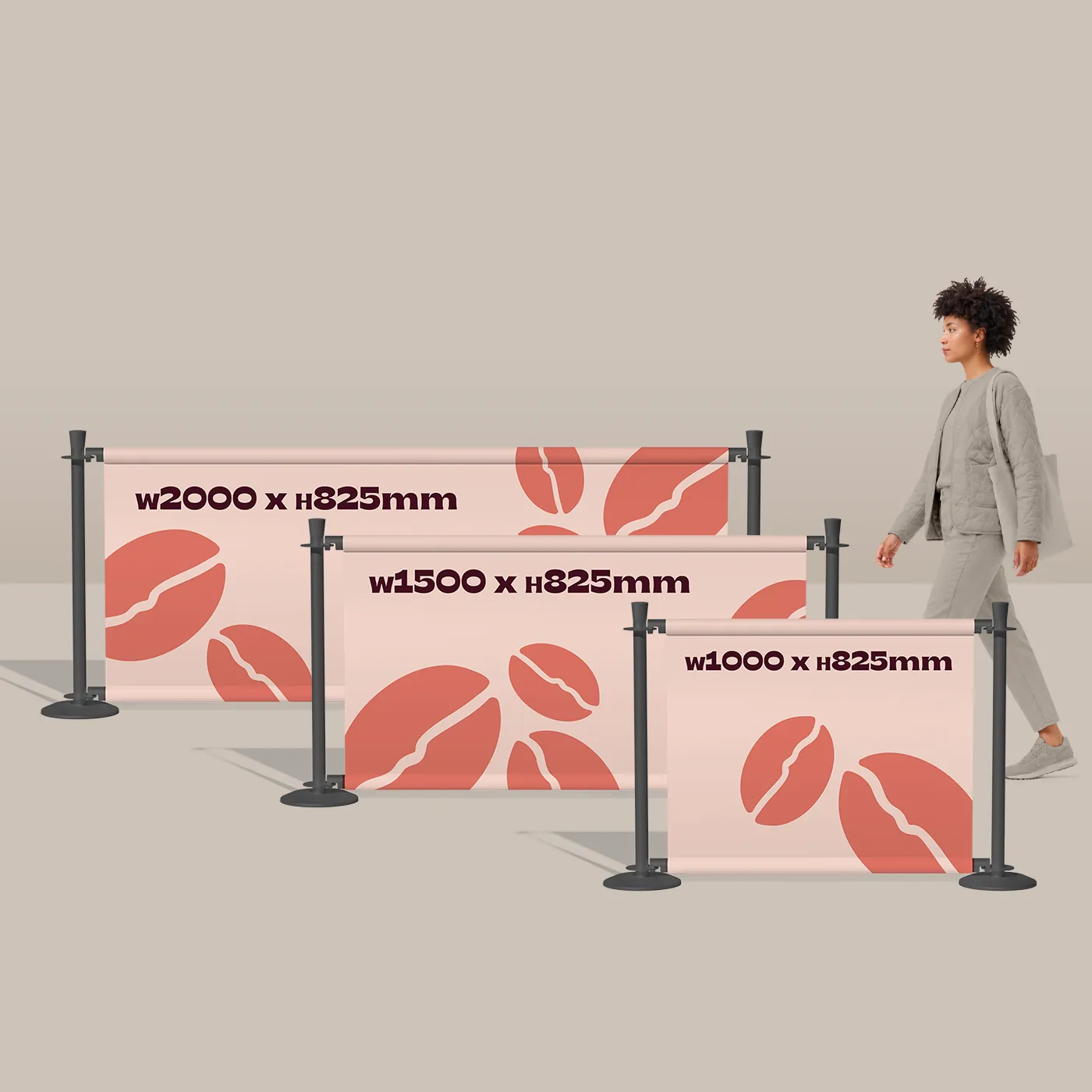 An image comparing three sizes of Café Barriers with a coffee bean design, shown next to a walking person to illustrate their relative width and height.