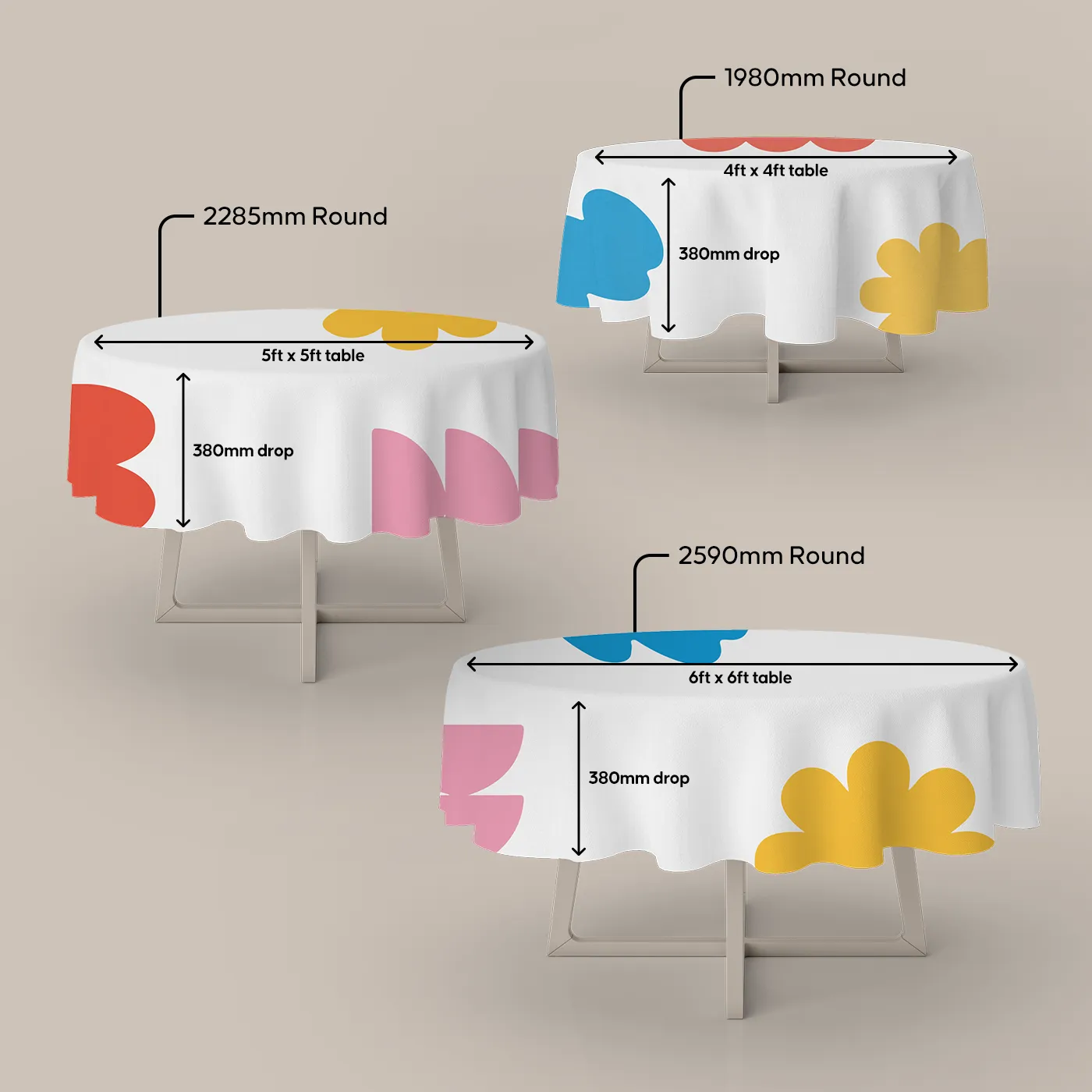 A size comparison of three Round Tablecloths on different table sizes, showing the diameter and the vertical "drop" of the fabric.
