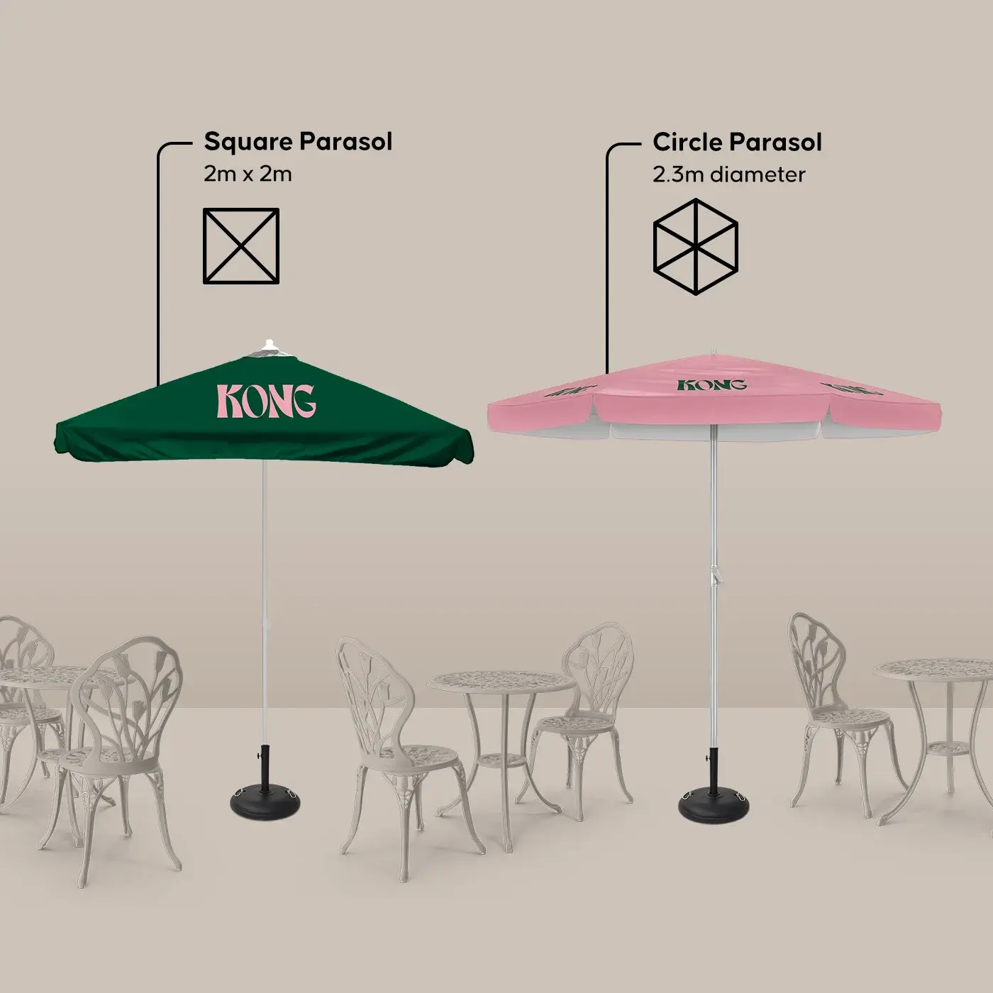 A size comparison of a 2m square Commercial Parasol and a 2.3m diameter circle Commercial Parasol, shown over cafe tables and chairs to illustrate their scale.