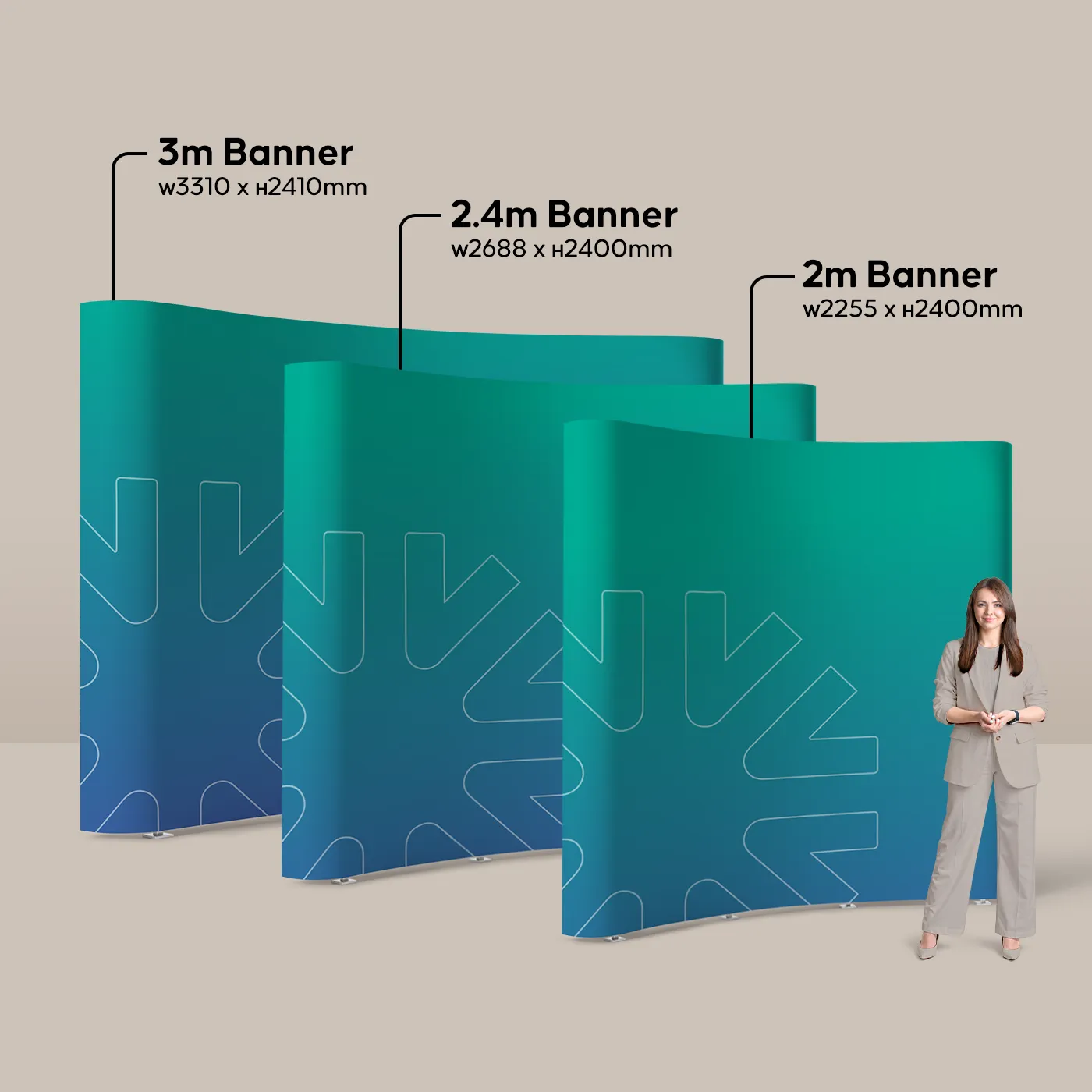 A size comparison of three Curved Pop Up Banners ranging from 2m to 3m wide, shown next to a person to illustrate their height and scale.