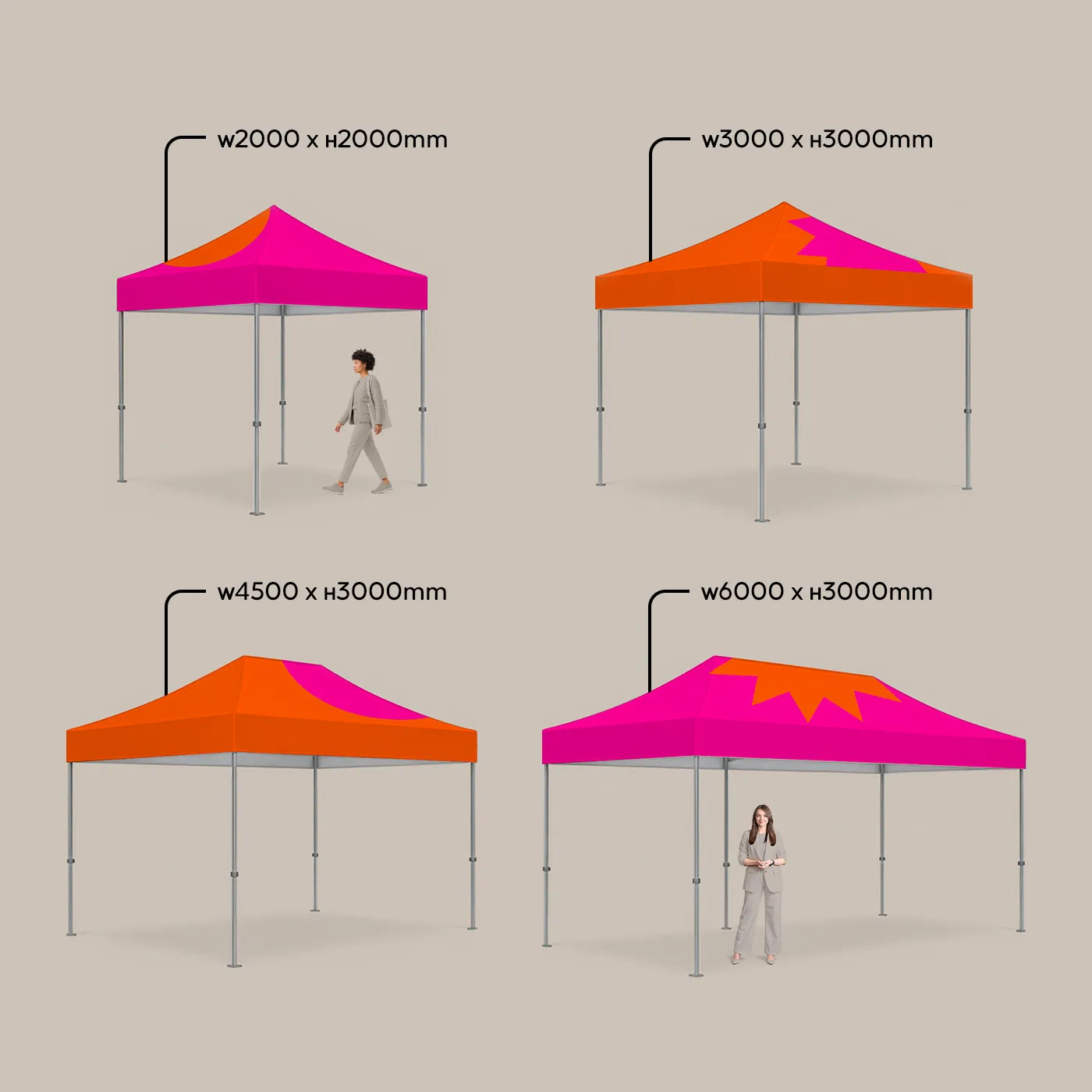A size comparison of four Standard Gazebos ranging from 2m to 6m wide, illustrated with figures to show height and scale.