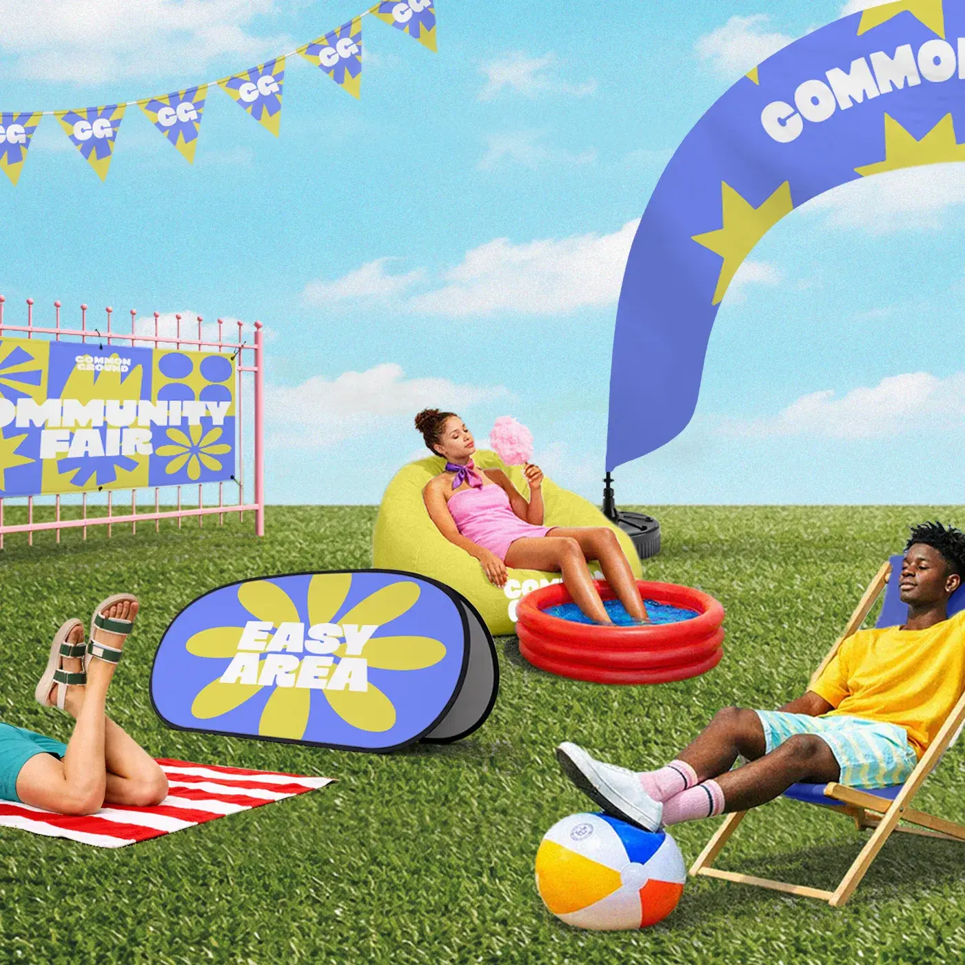 A vibrant collage of a "Common Ground Community Fair" showing people relaxing on a lawn with Bean Bags, Deck Chairs, Arch Flag, and Banners under a clear blue sky.