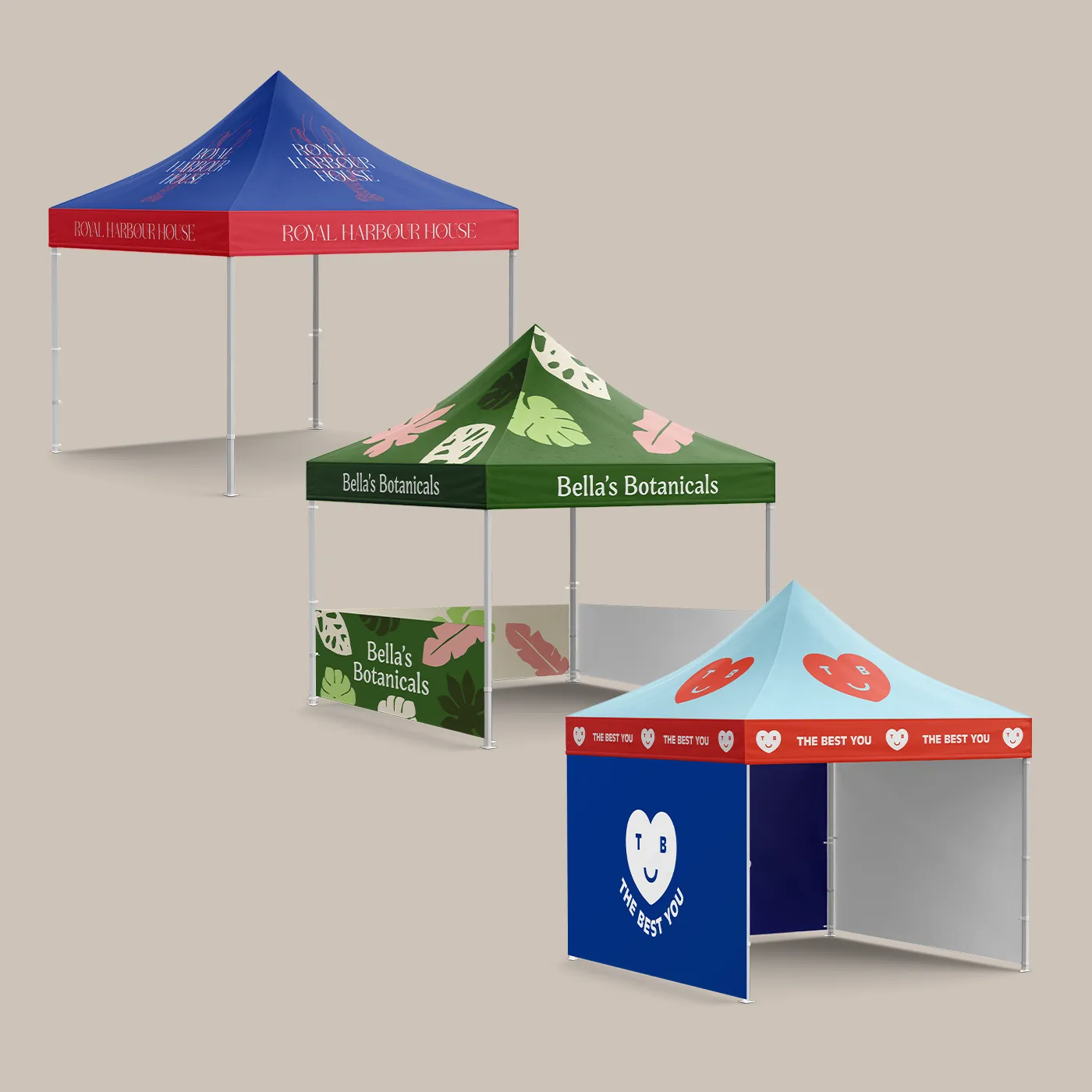 Standard, Premium and Deluxe Gazebos with single-sided print.