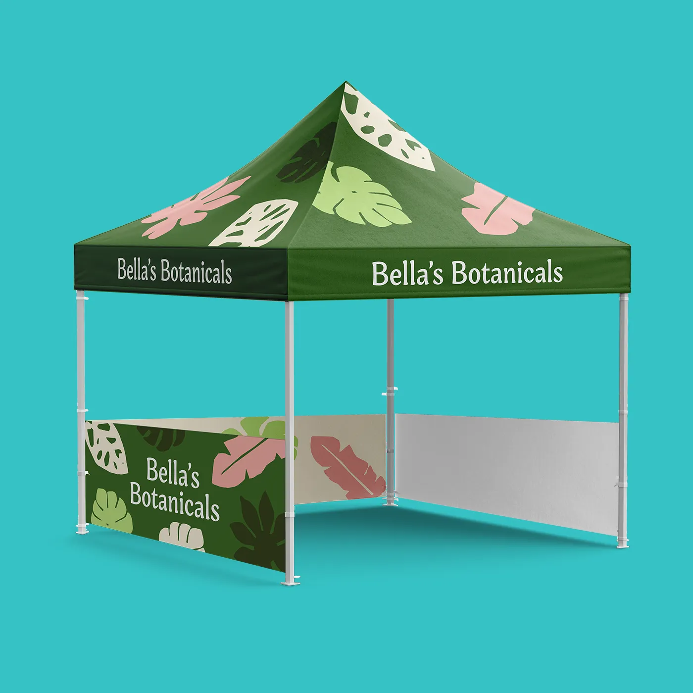 A green Premium Gazebo for "Bella's Botanicals" featuring pink and lime leaf patterns and a printed half-wall, set against a teal background.