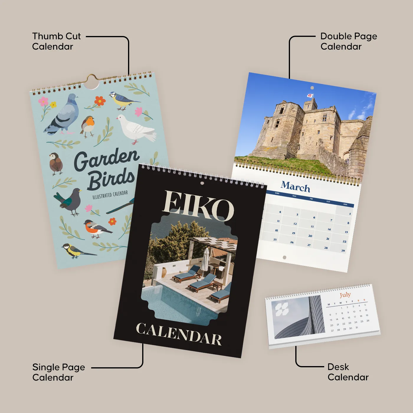Thumb Cut Calendar, Double Page Calendar, Single Page Calendar, and Desk Calendar