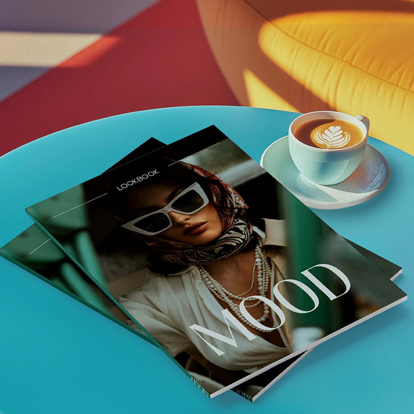A pair of "MOOD" fashion Perfect Bound Catalogues featuring a stylish woman in sunglasses on the cover, resting on a table next to a cup of coffee.