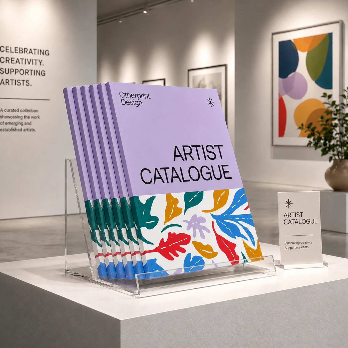 A row of purple artist Perfect Bound Catalogues with colourful leaf-patterned bottoms sits neatly in a clear acrylic stand inside a brightly lit art gallery.