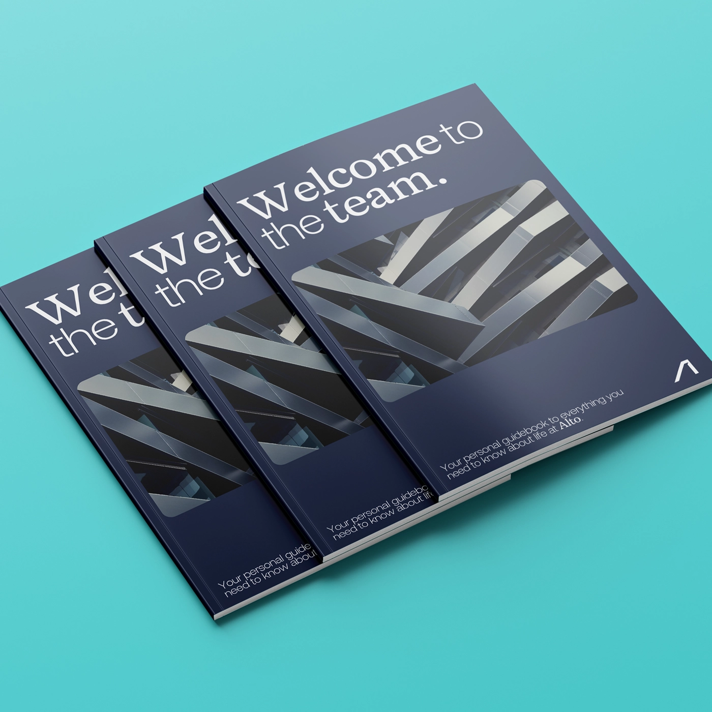 Three dark blue "Welcome to the team" Manuals are arranged diagonally in a row against a solid turquoise background.