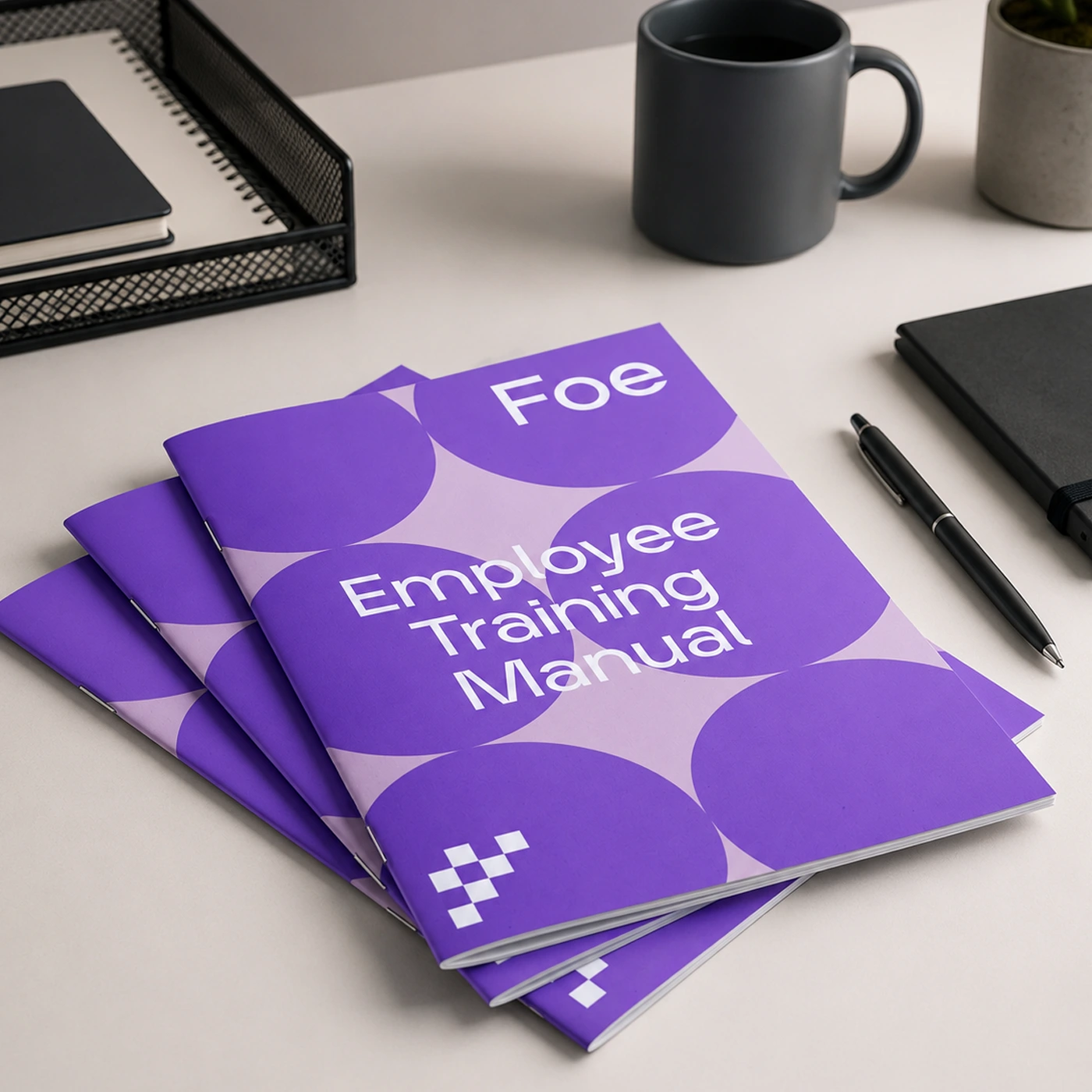 Saddle stitch "Employee Training Manual" stack on an office desk.