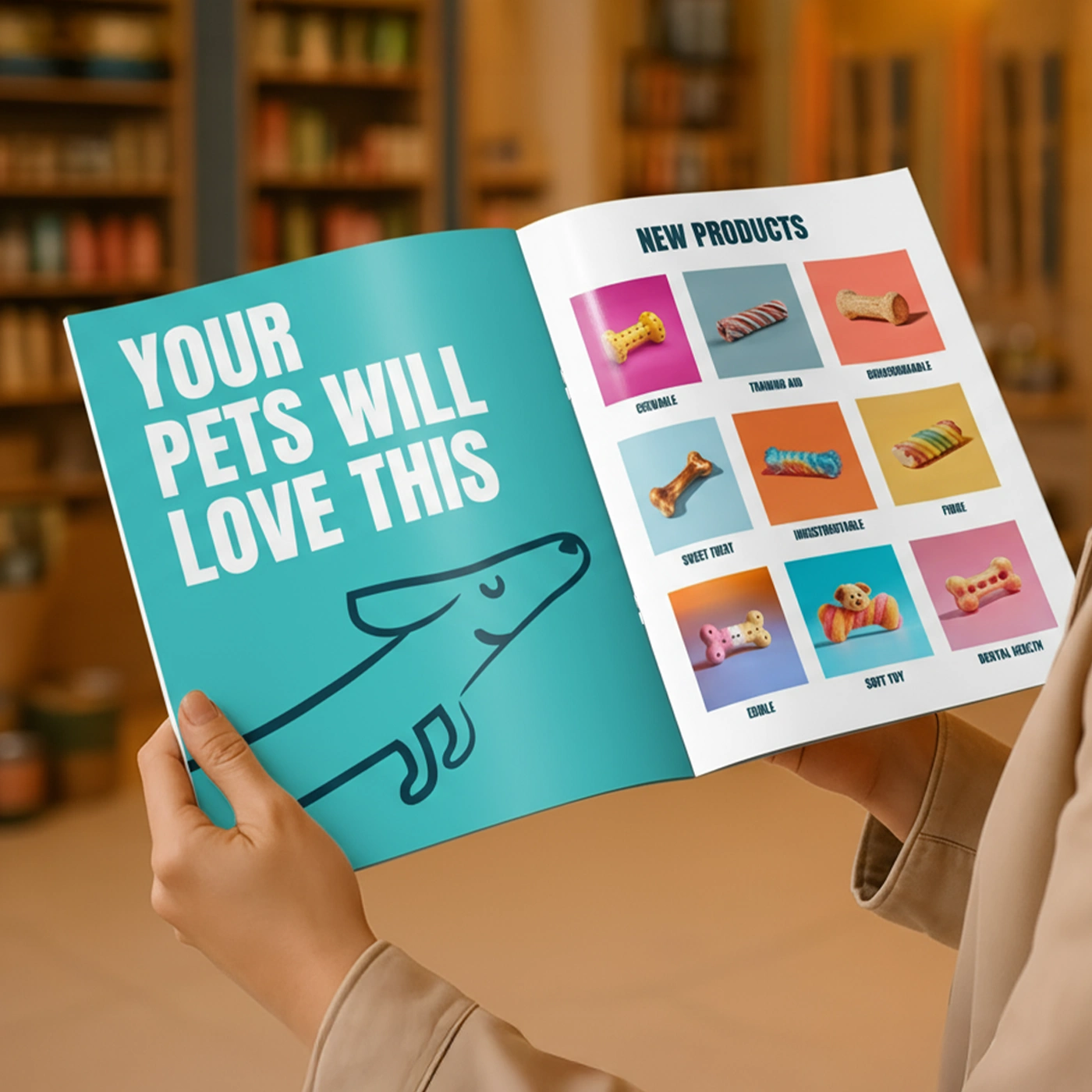 A person holds open a saddle stitch pet Catalog for displaying a turquoise page reading "YOUR PETS WILL LOVE THIS" alongside a "NEW PRODUCTS" grid of colourful dog treats.