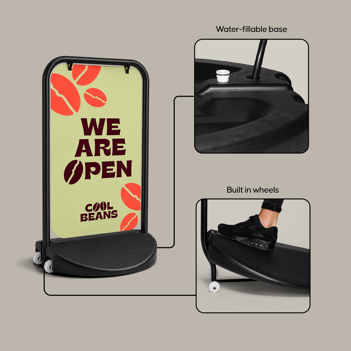 A Swing Board Pavement sign reading "WE ARE OPEN - COOL BEANS" is shown alongside two close-up diagrams highlighting its "Water-fillable base" and "Built in wheels" feature.