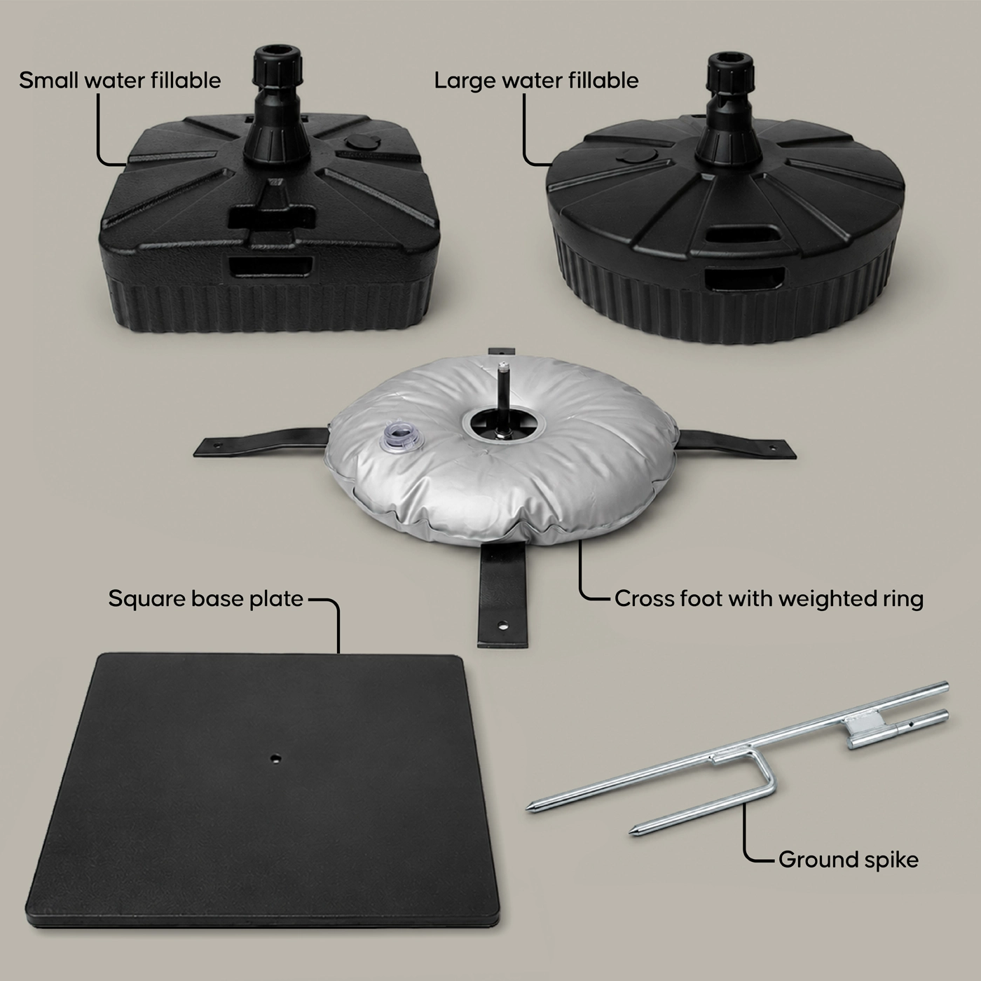 Feather and Teardrop Flag Base Options Feather and Teardrop Flag bases - small water fillable, large water fillable, cross foot with weighted ring, square base plate, and ground spike.
