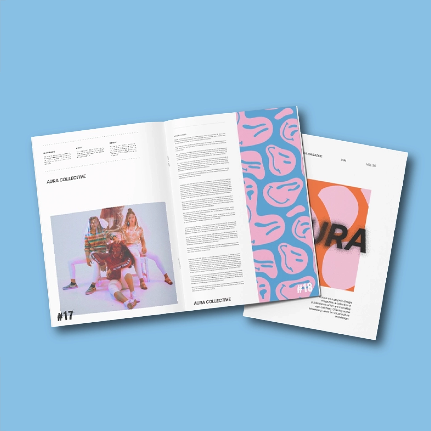 An open Zine showing photos, text, and a pink abstract pattern layout lying over a closed Zine.