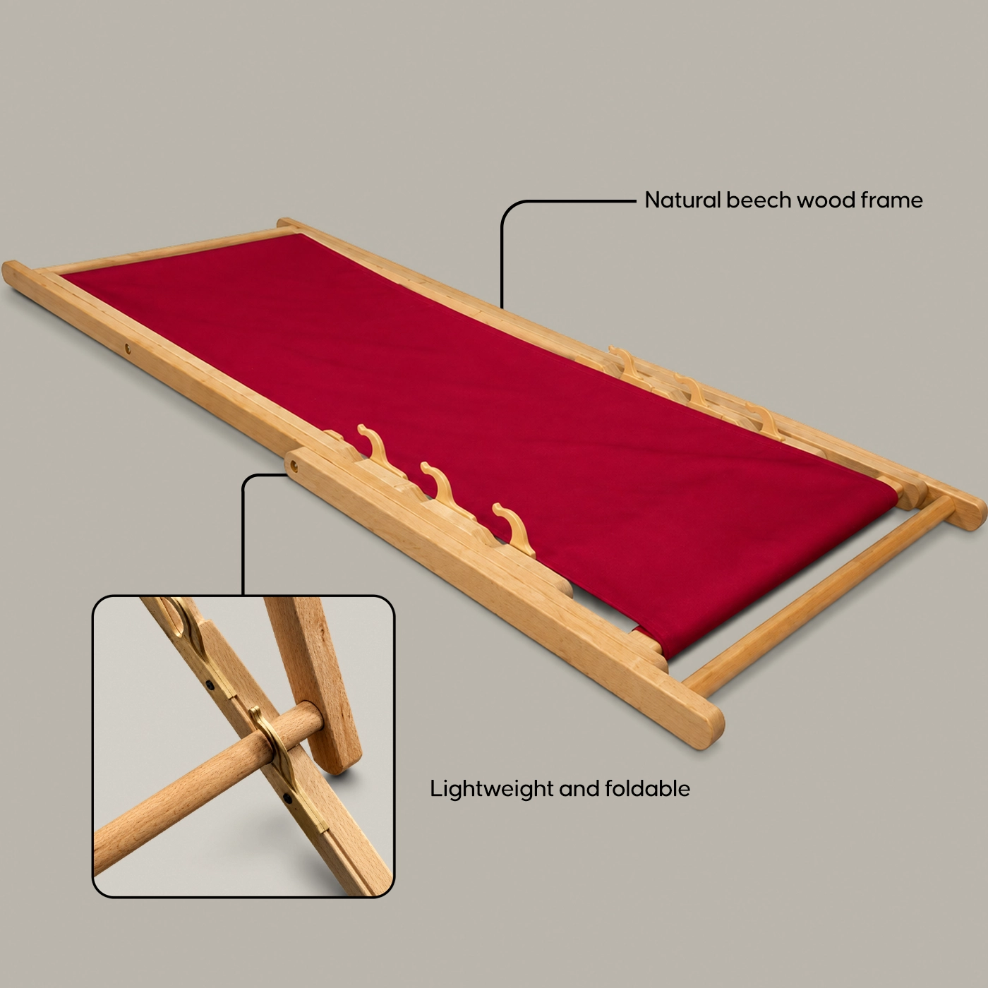 A Classic Deck Chair with a red canvas seat is shown folded completely flat, featuring text pointing out the "Natural beech wood frame"