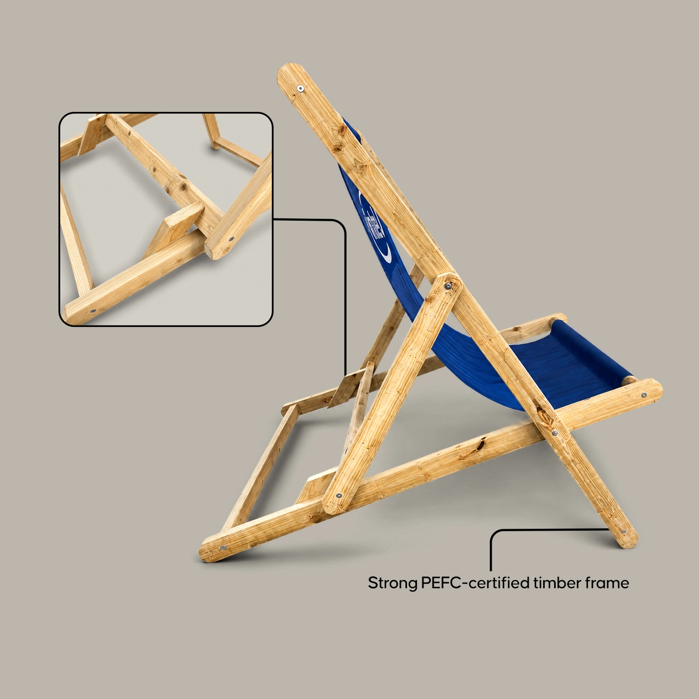 A profile view of a Giant Deck Chair with a blue canvas seat, featuring an inset diagram highlighting the adjustable support notch mechanism on the timber frame.