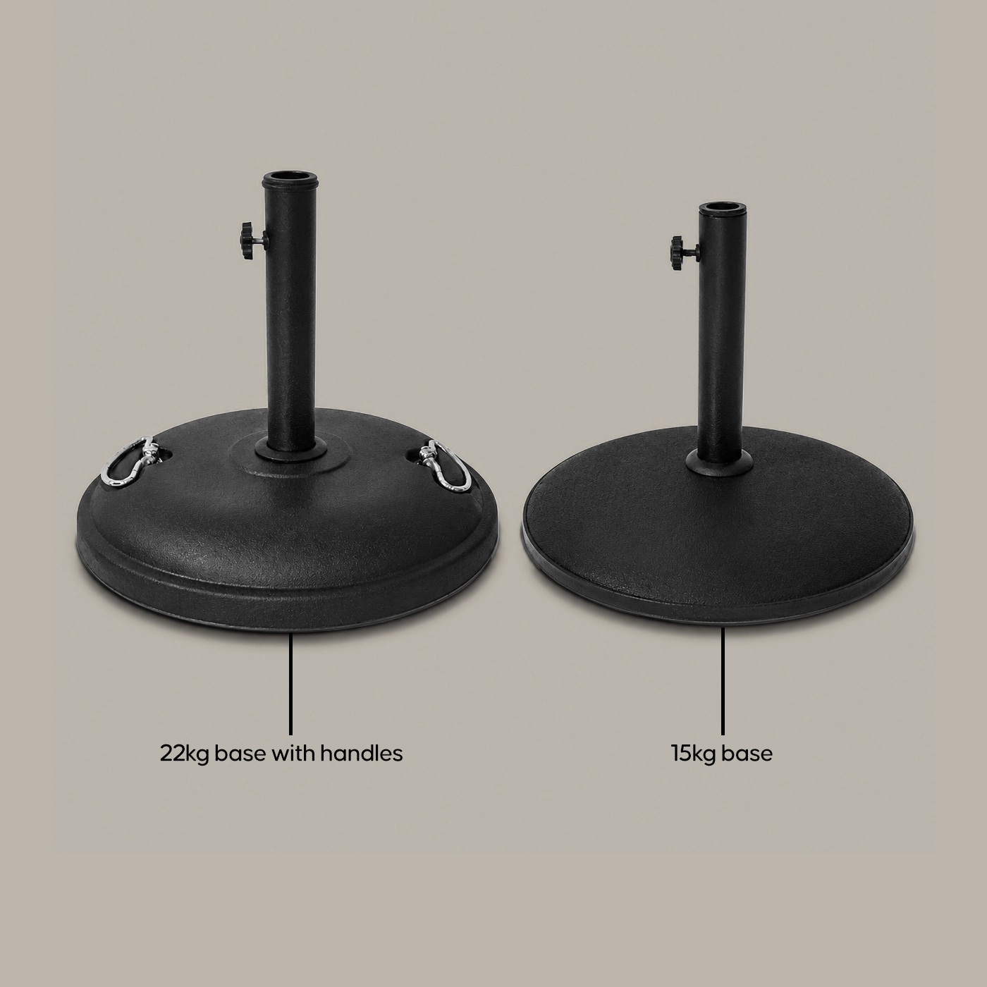Parasol Base Options Two black Parasol bases are shown side-by-side: a larger "22kg base with handles" on the left and a smaller, sleeker "15kg base" on the right.
