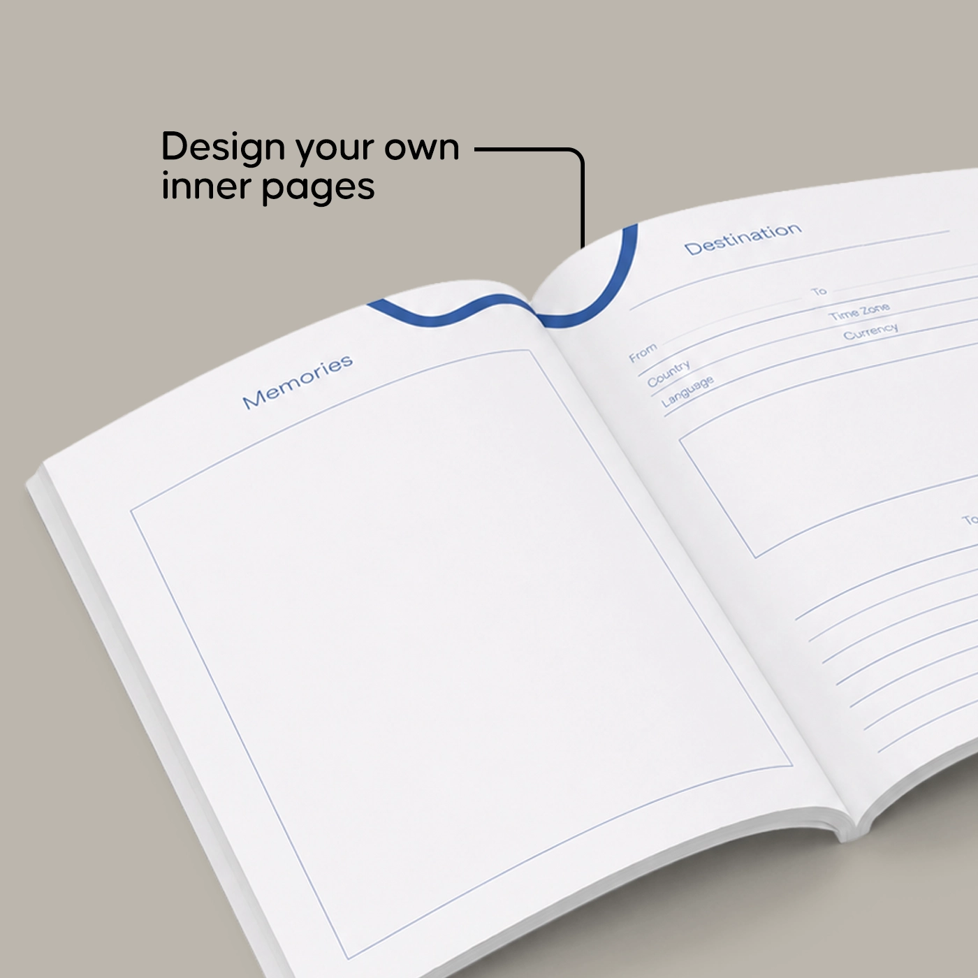 An open Perfect Bound Journal with a travel-themed layout, highlighting the text "Design your own inner pages."