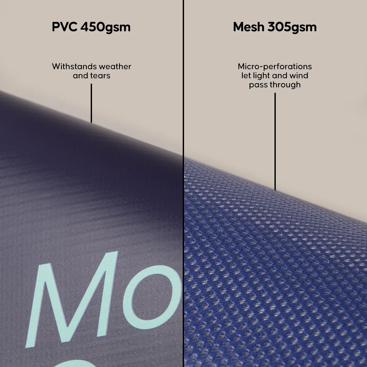 Close‑up of PVC and mesh banner materials shown side by side to compare durability and airflow