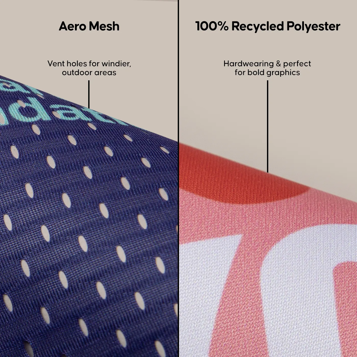 Vent‑holed aero mesh beside smooth recycled polyester fabric for graphic‑led displays