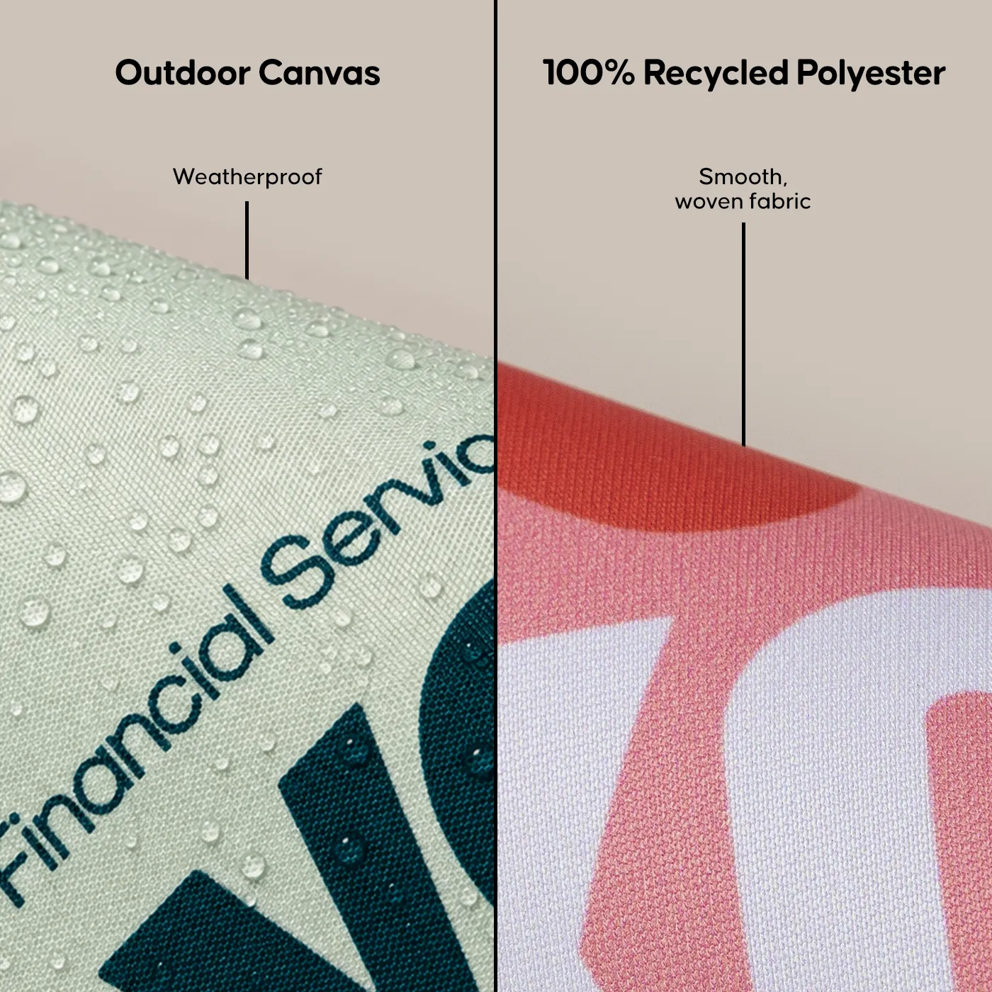 Weatherproof canvas with water droplets next to smooth recycled polyester fabric