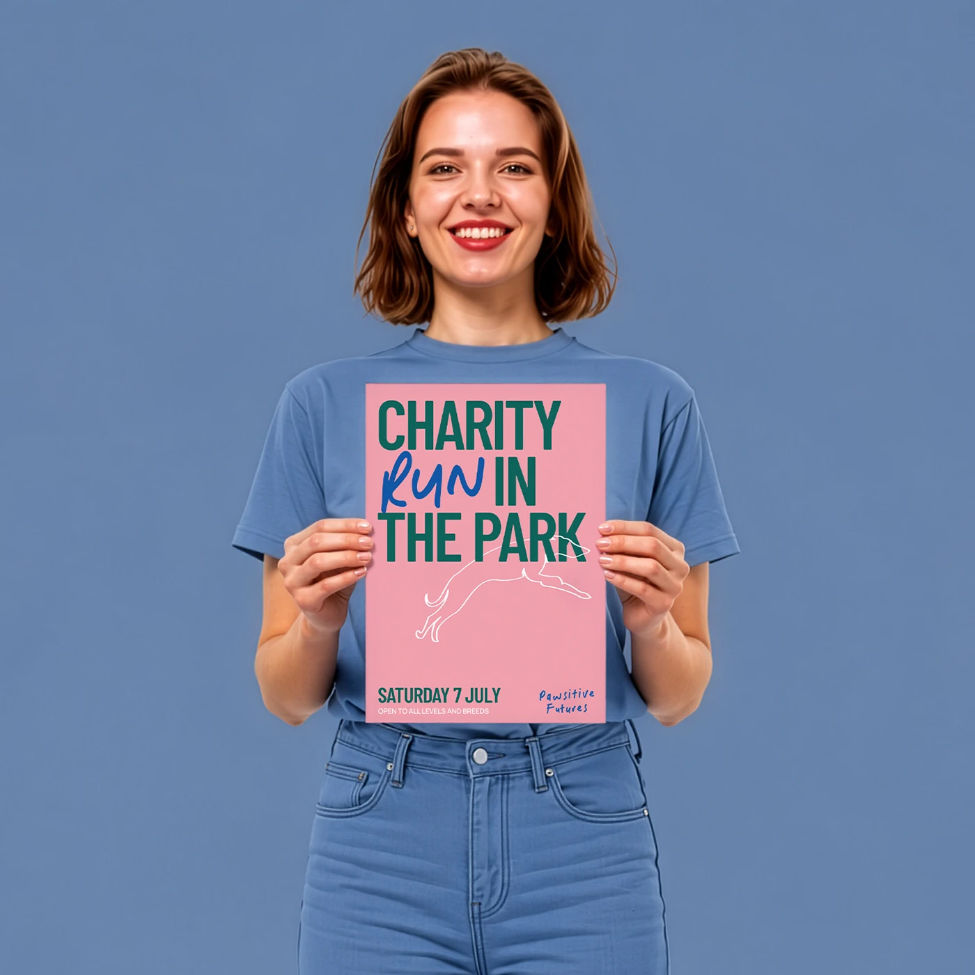 A person holding an A4 Poster that reads "CHARITY RUN IN THE PARK" on a pink background with a minimalist white line illustration.