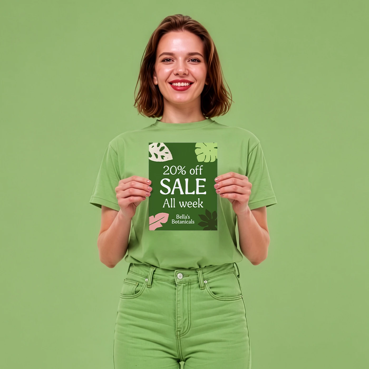 A person holding an A5 Poster that reads "20% off SALE All week" on a dark green background decorated with botanical leaf illustrations.