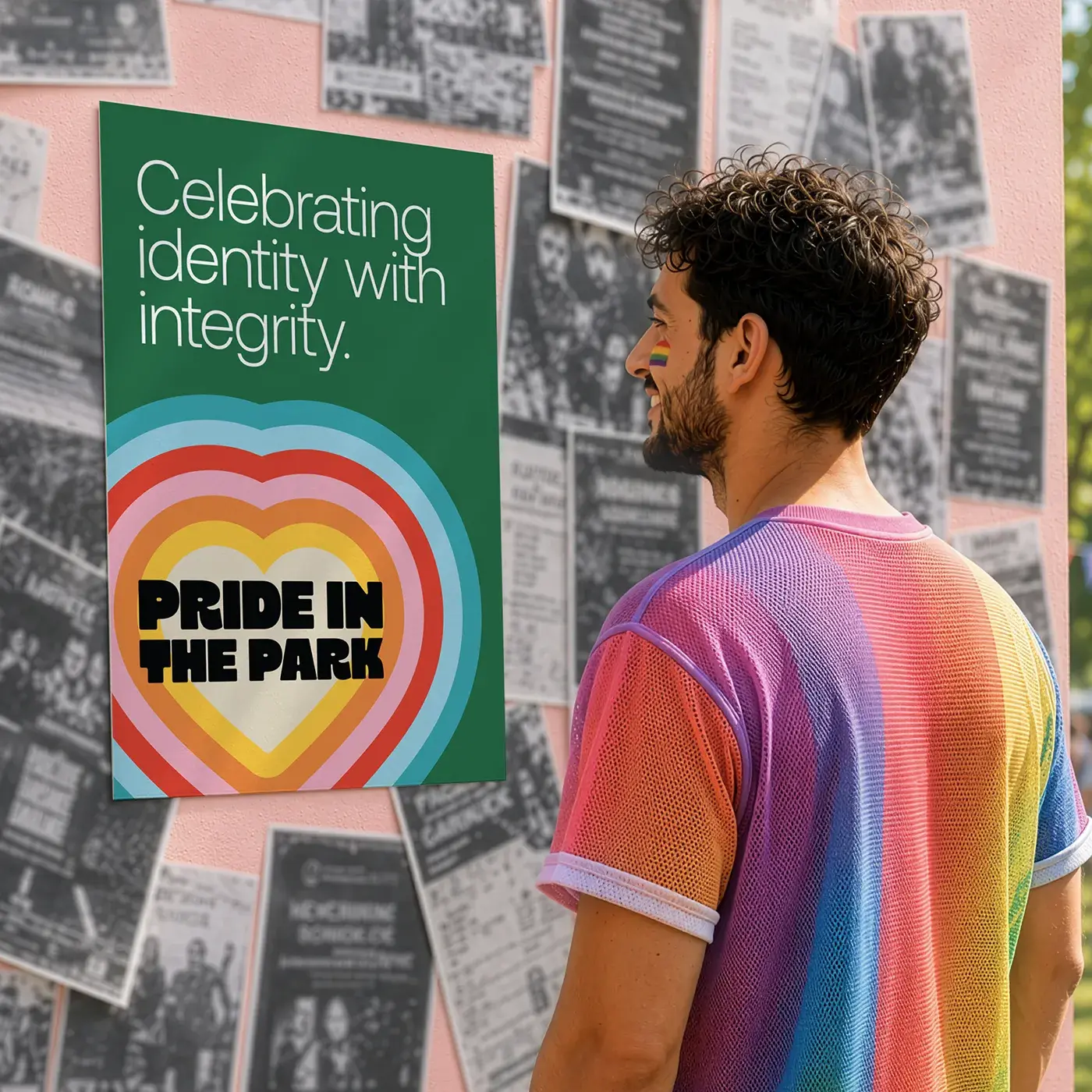 A man wearing a rainbow mesh shirt looks at a green "Pride in the Park" A2 Poster on a wall covered in black-and-white event flyers.