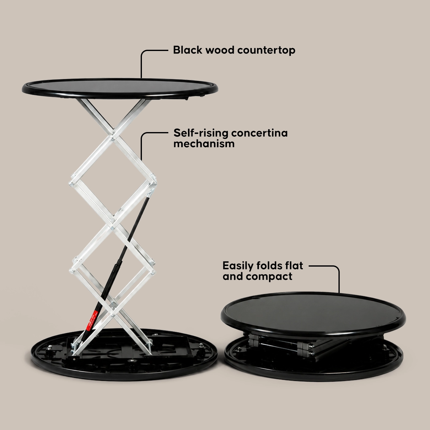 Pop Up Counters hardware, featuring a self rising concertina mechanism