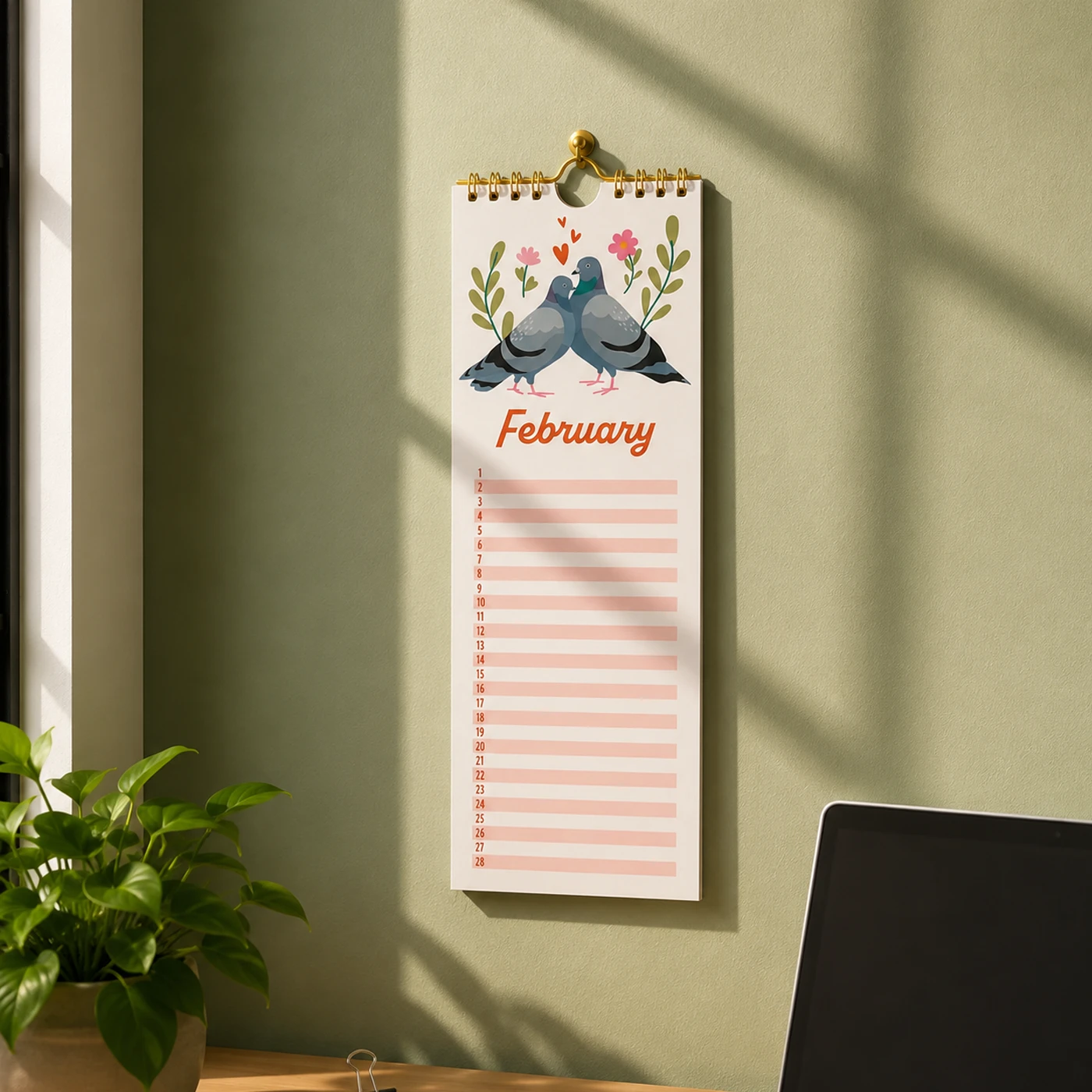 Slim Calendar hung on a wall, with bird artwork.
