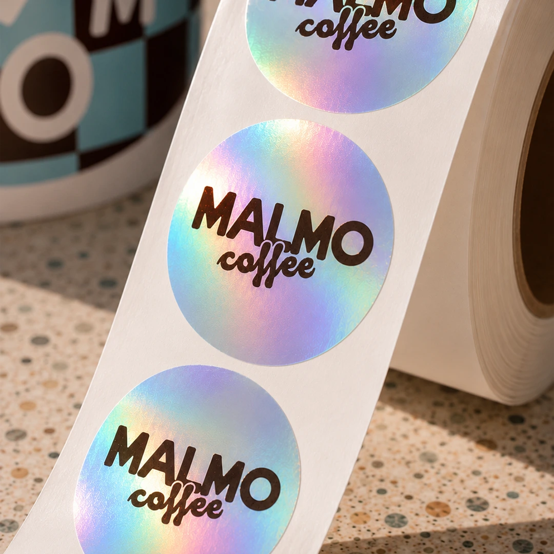 Round Stickers on a Roll with holographic foil.